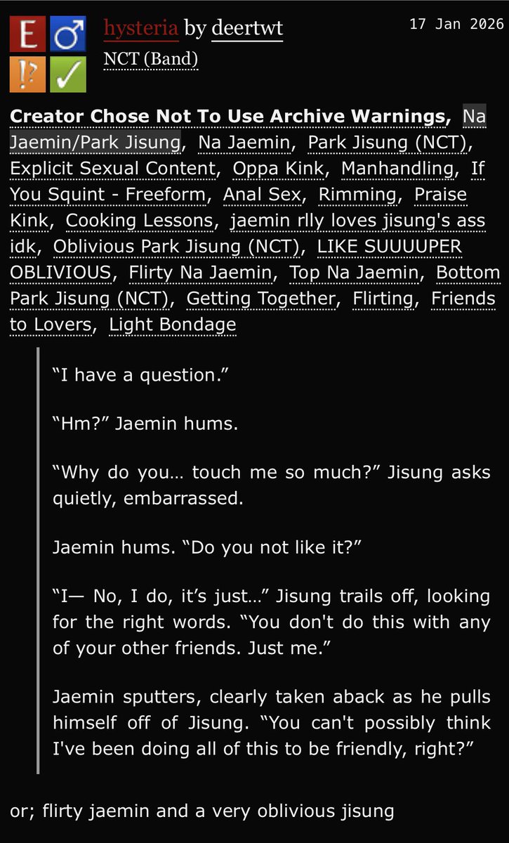 ny8ma's tweet image. hysteria

→ jaemsung
→ 5.3k words 
→ explicit
→ tags in photo

🔗 archiveofourown.org/works/77837551