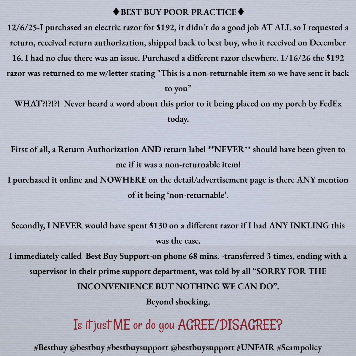 TrendilyYours_'s tweet photo. PLEASE HELP. 
Re: Incident that occurred with Best Buy. 

WHAT DO YOU THINK?

1st photo is basically what I said to them. 
2nd photo is their response.
REALLY??? https://t.co/60kNM0H2ZW