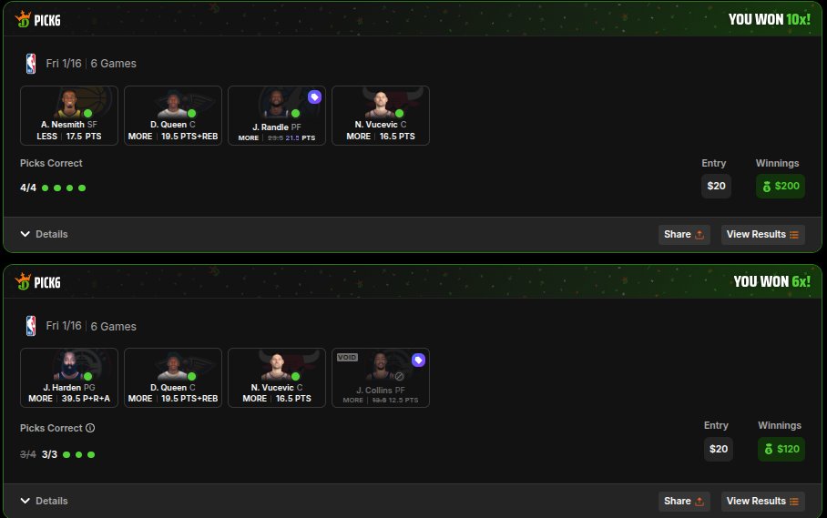 akevinb1993's tweet photo. Starting 2026 on an absolute heater! 🚀

If you aren’t using an optimizer for @Pick6, you’re playing on hard mode. @DGFantasy is the cheat code.

Last night's results: 💰 $901.55 Profit📈 400.69% ROI

The crazy part? Left $600+ on the table because 3 slips missed just on the promo tags. Process is dialed in—let’s keep it rolling! 🤑🔥

@DraftKings @DKSportsbook #DraftKings #Pick6 #DGFantasy #SportsBetting #NBA