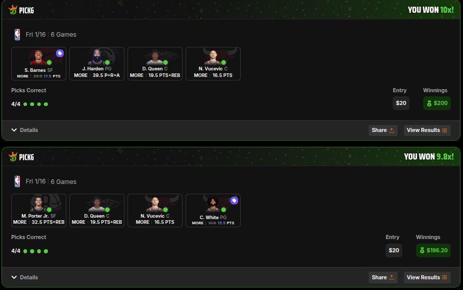 akevinb1993's tweet photo. Starting 2026 on an absolute heater! 🚀

If you aren’t using an optimizer for @Pick6, you’re playing on hard mode. @DGFantasy is the cheat code.

Last night's results: 💰 $901.55 Profit📈 400.69% ROI

The crazy part? Left $600+ on the table because 3 slips missed just on the promo tags. Process is dialed in—let’s keep it rolling! 🤑🔥

@DraftKings @DKSportsbook #DraftKings #Pick6 #DGFantasy #SportsBetting #NBA