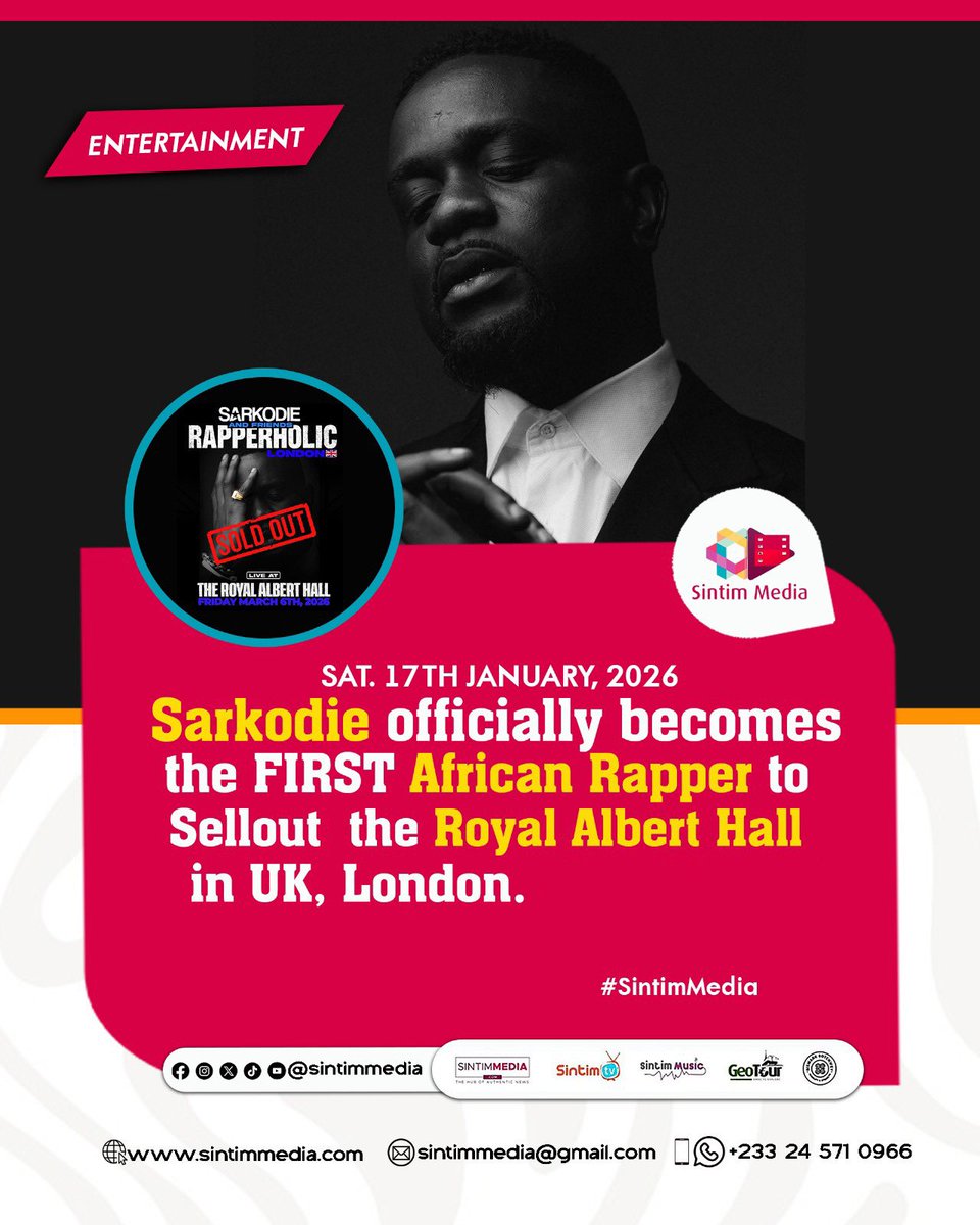 𝐄𝐍𝐓𝐄𝐑𝐓𝐀𝐈𝐍𝐌𝐄𝐍𝐓: <a href="/sarkodie/">Sarkodie</a>  officially becomes the FIRST African Rapper to Sellout the Royal Albert Hall in UK, London 🇬🇧.

𝐑𝐞𝐚𝐝 𝐌𝐨𝐫𝐞: sintimmedia.com | 👨🏾‍💻

#SintimMedia #RapperholicUK