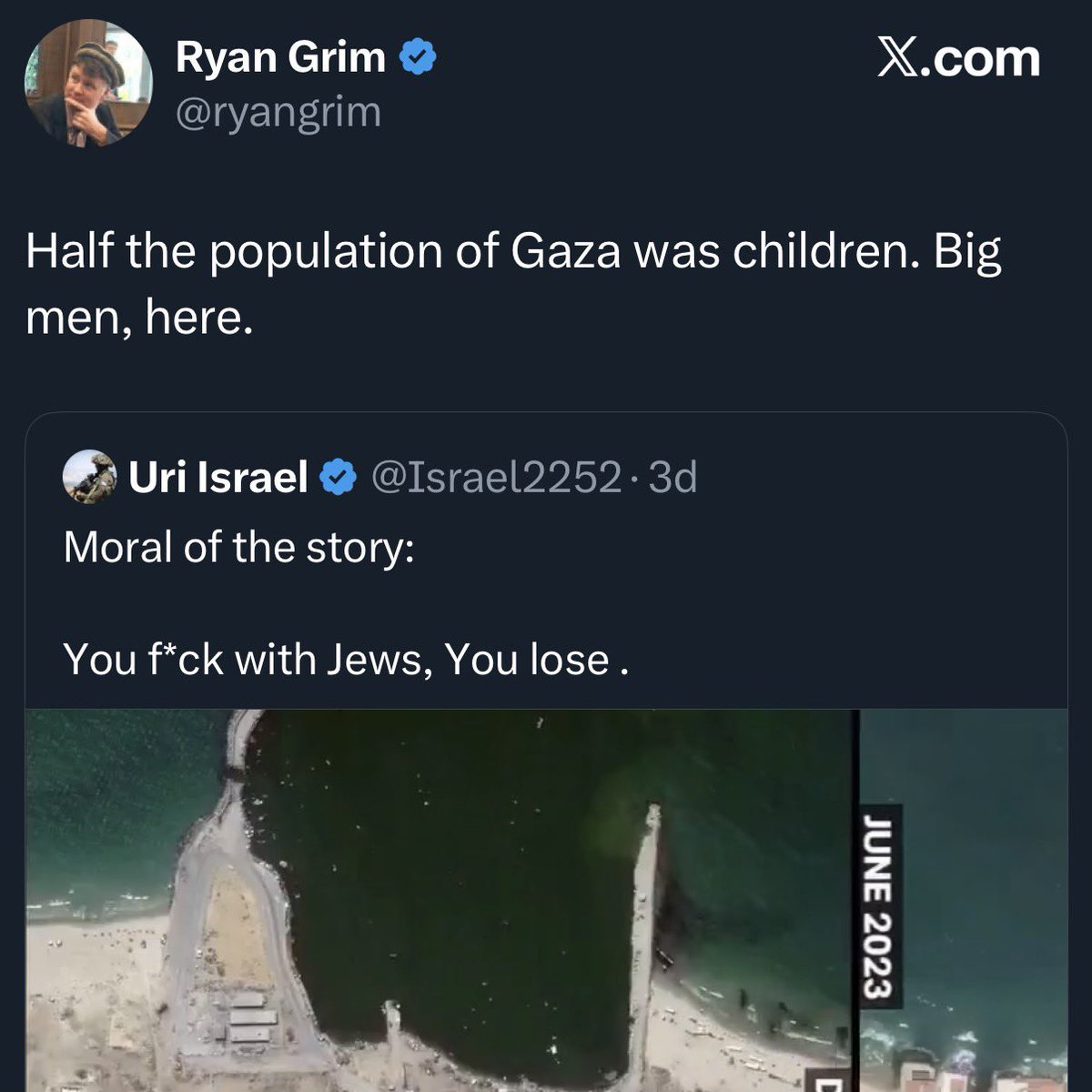 The implication here is that Israel’s heroic defensive war in Gaza would have been justified if terrorists had fewer kids, but terrorists had many kids; so it became unjustified.