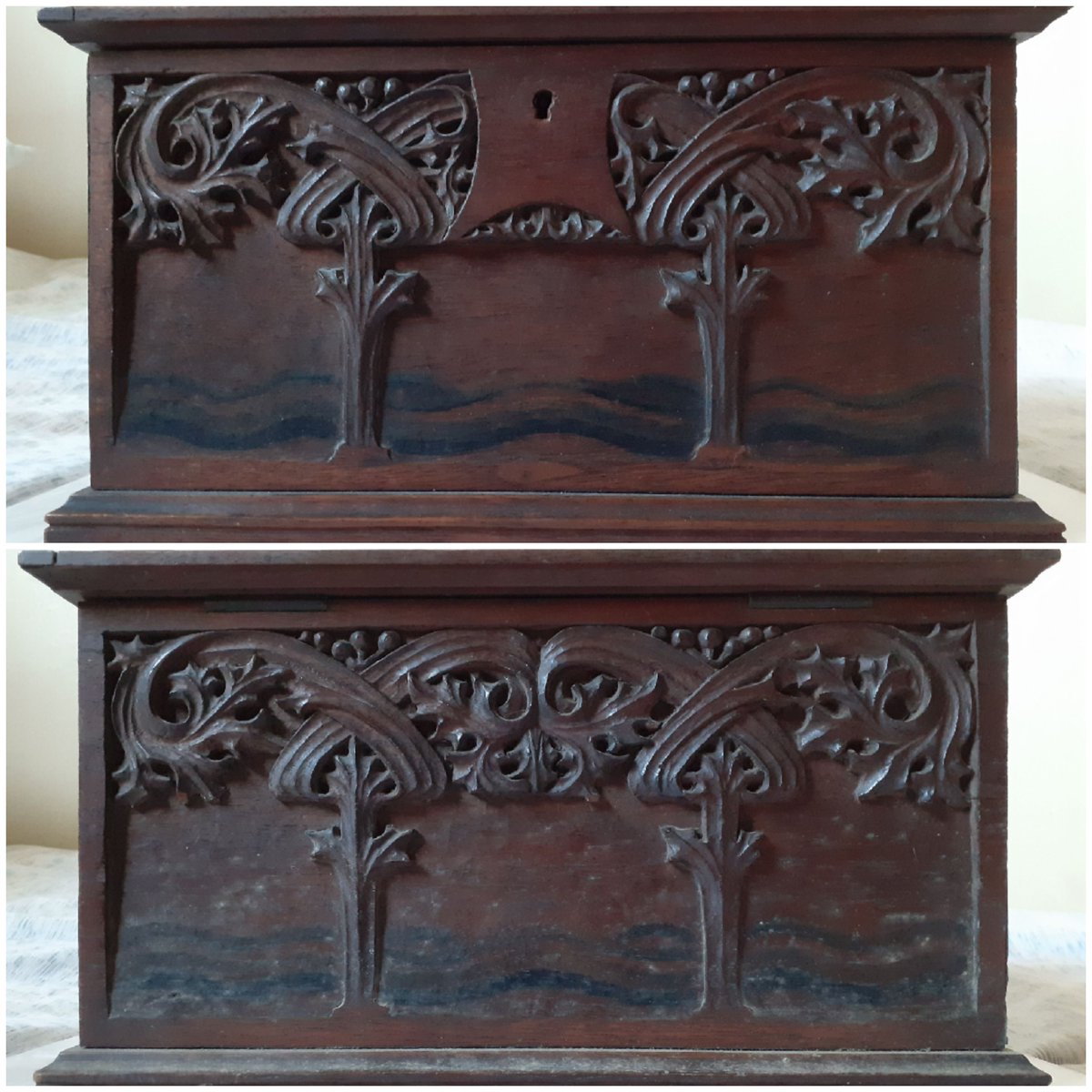 alvantiques's tweet photo. @RMwritings By no means conclusive evidence, but...

Entrance to the Manchester School Of Art (recent image), and the Textile Court on the top floor around 1900.

Both as Crane would have seen them during his time there from 1893. 

The carvings on the box show similarities. https://t.co/0sn3lCZsZh