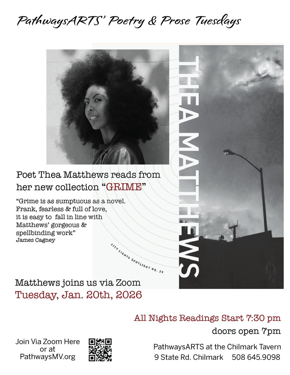 ronslate's tweet image. Please join us when Thea Matthews reads via zoom for PathwaysArts -- Tuesday nite 1/20 7:30 ET -- link will be available on Tuesday afternoon. Her latest collection is GRIME via @CityLightsBooks ...
