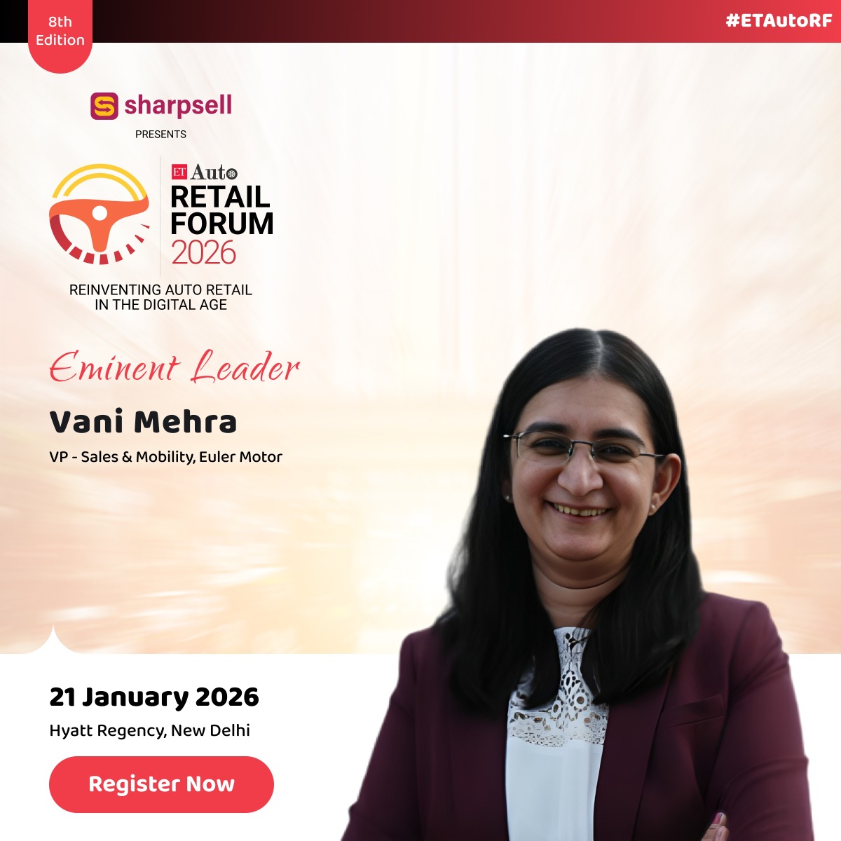ETAuto's tweet image. Vani Mehra, VP – Sales &amp;amp; Mobility, Euler Motors, joins the speaker lineup at ETAuto Retail Forum 2026 to share perspectives on scaling electric commercial vehicles and accelerating fleet-led EV adoption.

Register Now: auto.economictimes.indiatimes.com/auto-retail-fo…

#ETAutoRF #AutoRetail #ETAuto