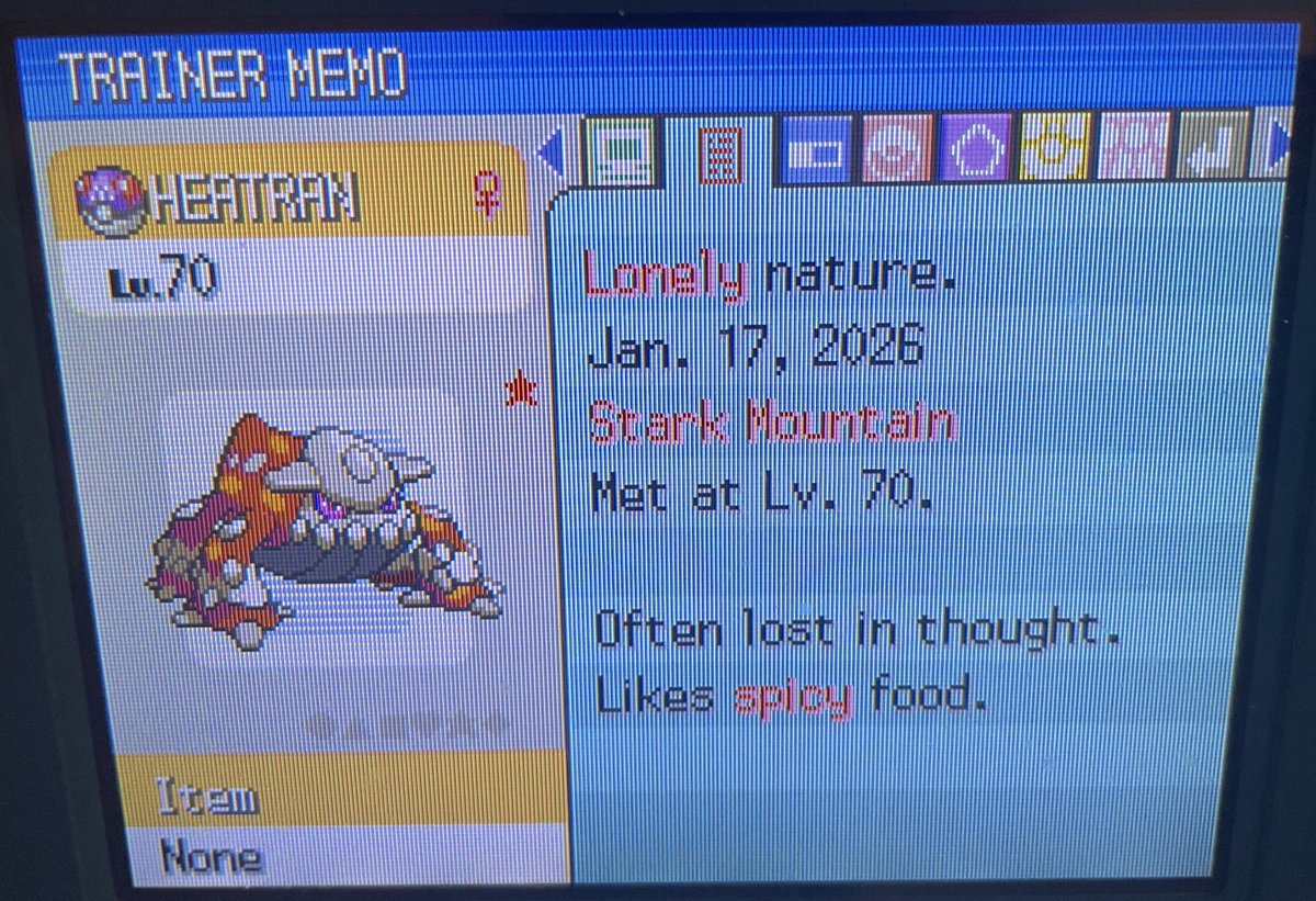 Pink_EXP's tweet photo. Shiny heatran after 2,418 resets! I’ve been wanting this shiny for a while so I’m glad I could finally set this up and hunt it ^^ #ShinyPokemon #Pokemon https://t.co/qktYjB9pzs