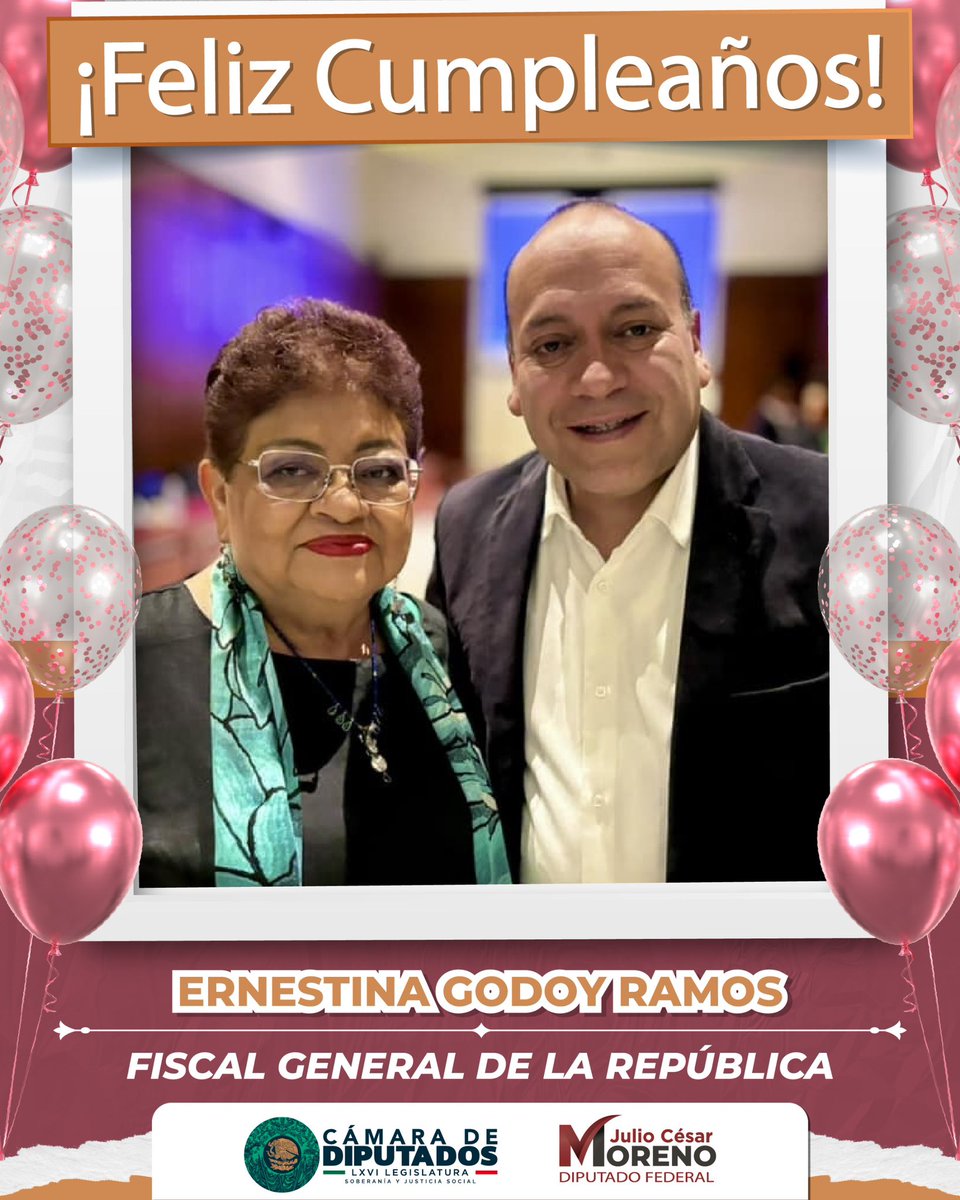 julioc_moreno's tweet photo. Hoy envío una felicitación especial a @ErnestinaGodoy_,  titular de la @FGRMexico, con motivo de su cumpleaños.

Mi reconocimiento a su labor comprometida y responsable en favor de la justicia y la paz en nuestro país. Le deseo un año pleno, con salud, bienestar y muchos éxitos. 🎊🎂

#JCM