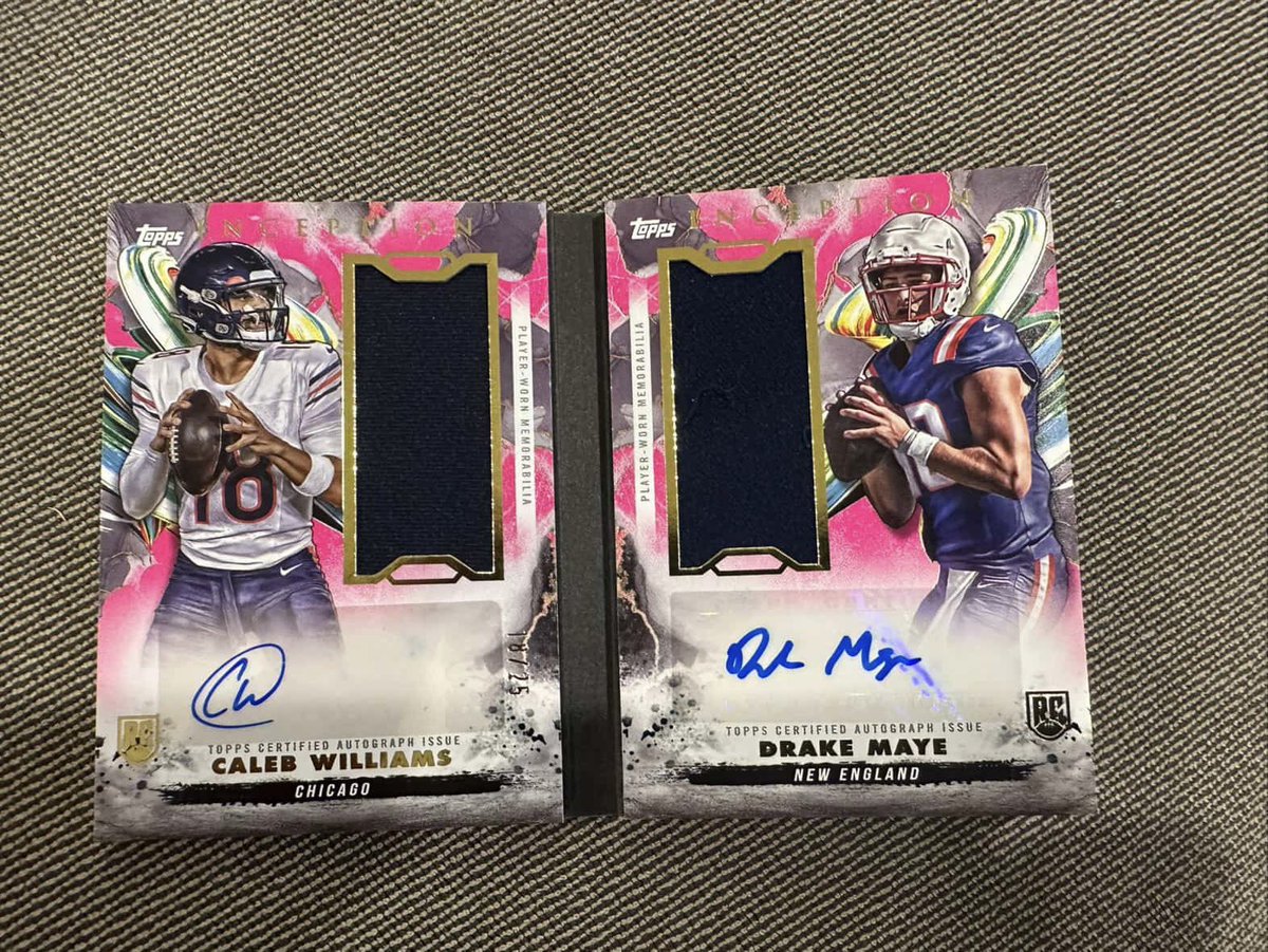 BUSportsCards's tweet image. CHECK OUT THIS MONSTER CUSTOMER PULL

2024 @Topps Inception CALEB WILLIAMS X DRAKE MAYE DUAL JERSEY AUTO ROOKIE BOOKLET! 

#Topps #ToppsInception #DrakeMaye #CalebWilliams #BatterUpCards