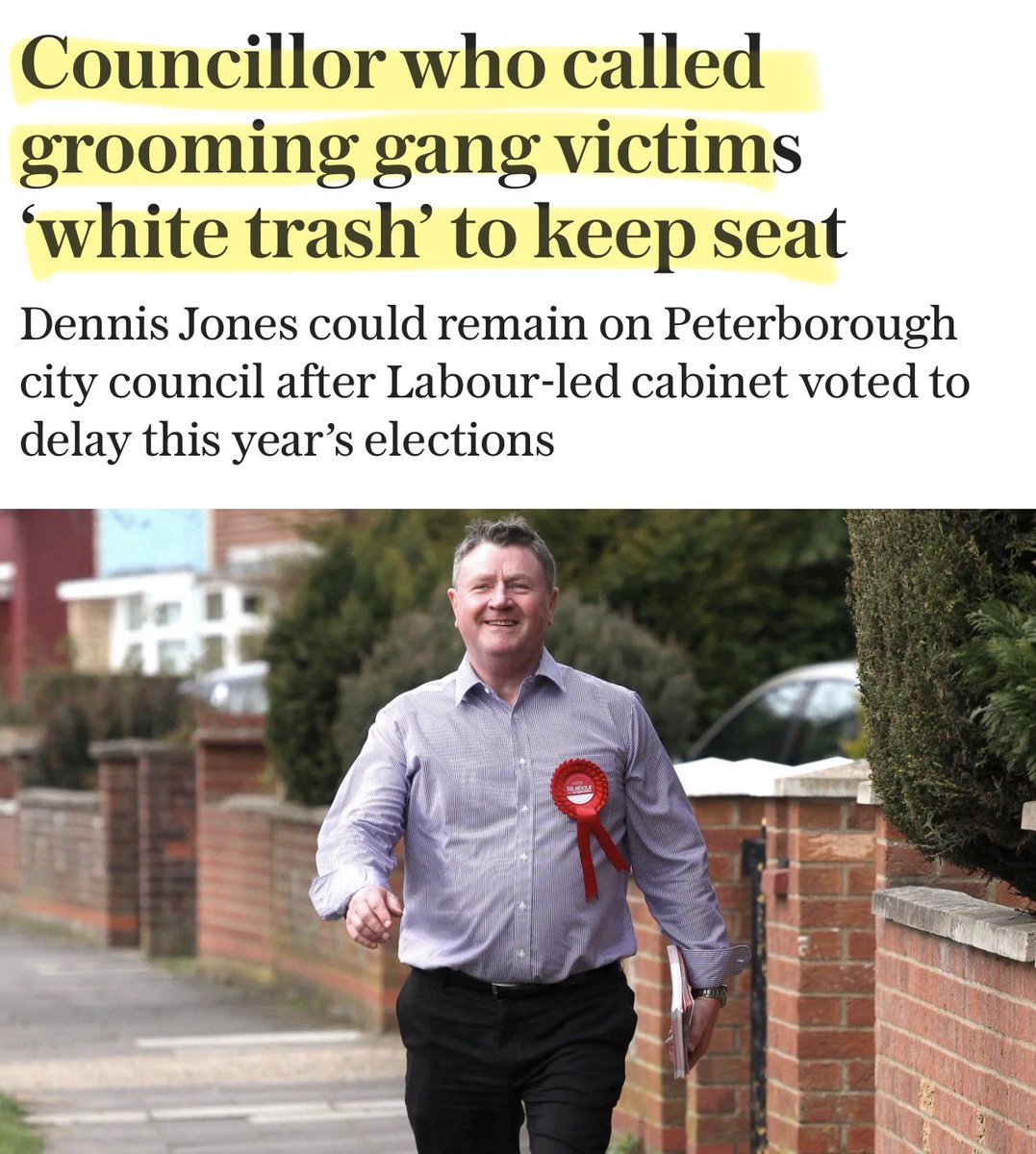 UK’s broken democracy looks like this.

1.Call grooming-gang victims “poor white trash”.
2.Have local elections postponed.
3.Keep your seat. Continue to hold power over constituents.

This is what democratic decay looks like. And we must end it 🔥