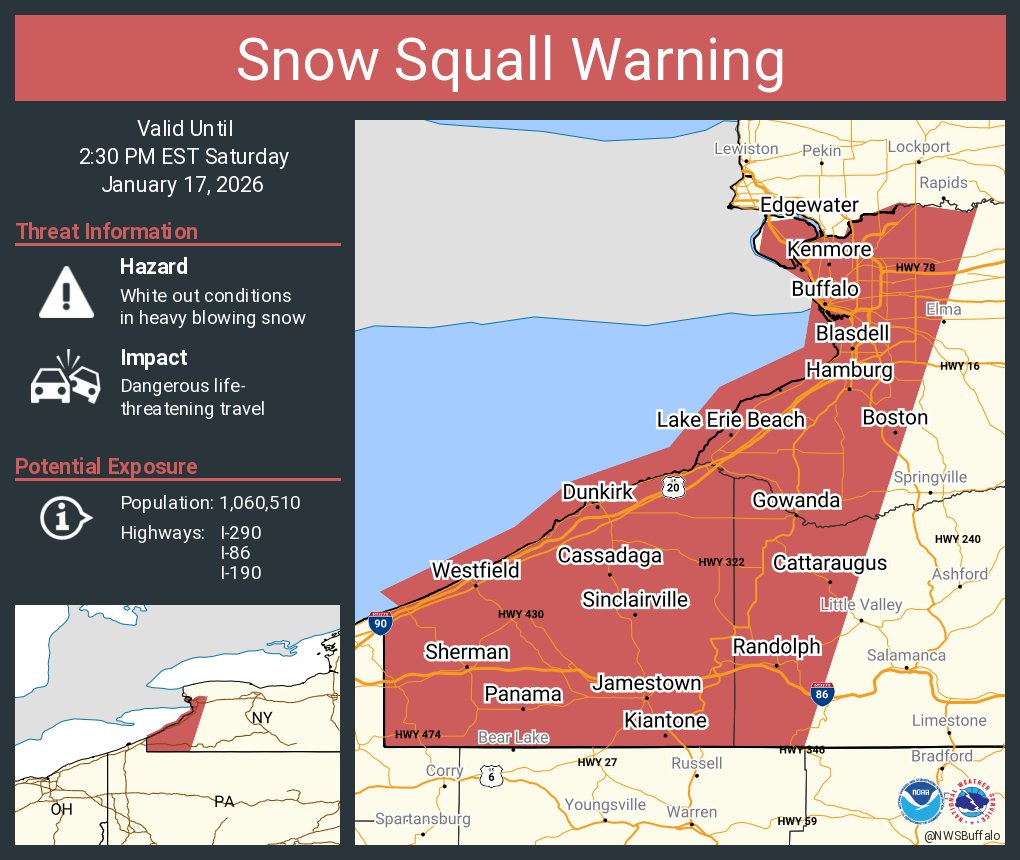A snow squall warning is in effect until 2:30 PM EST for I-190, I-290, I-90, I-990 near Buffalo, NY and I-90, US-20 near Dunkirk--Fredonia, NY and I-86 near Jamestown, NY and I-90, US-20 near Westfield, NY.