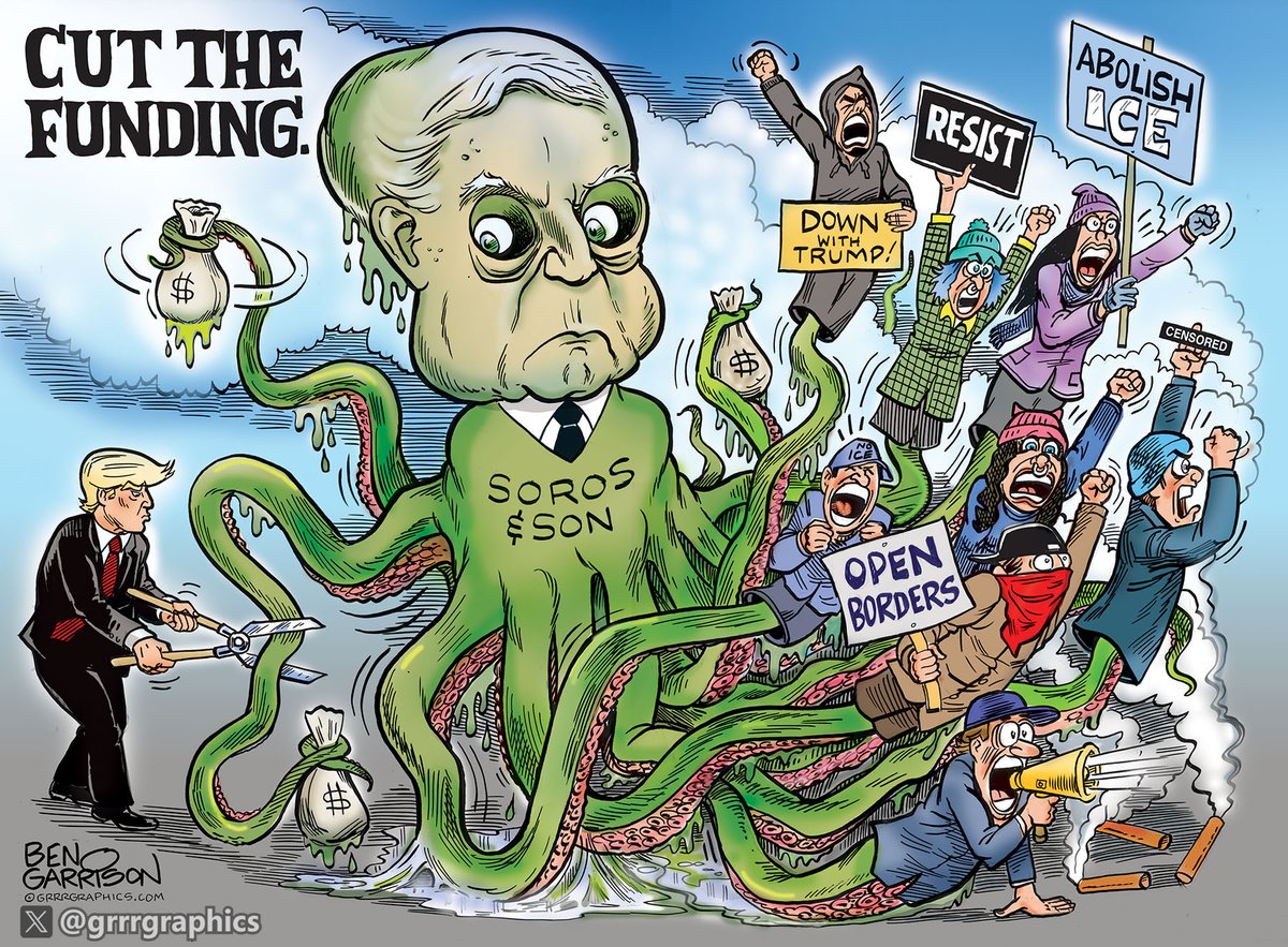 GrrrGraphics's tweet image. CUT THE FUNDING! ✂️🦑

Soros' tentacles fuel the chaos in Minnesota—paid agitators, anti-ICE riots, open borders rage. But Trump's stepping up to snip the cash flow and end the puppet show!

Who's ready to defund the disruption? Bookmark if you agree, RT to spread, reply with…