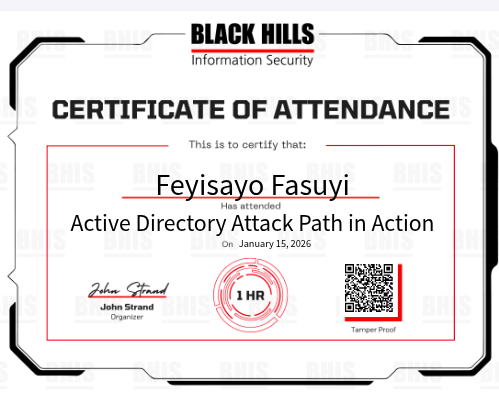 Completed the Active Directory Attack Path in Action webcast by <a href="/BHinfoSecurity/">Black Hills Information Security</a> 

A practical look at how attackers chain small weaknesses to escalate from uncredentialed access to Domain Admin.

Always learning. Always improving.

#ActiveDirectory   #BlackHillsInfosec
