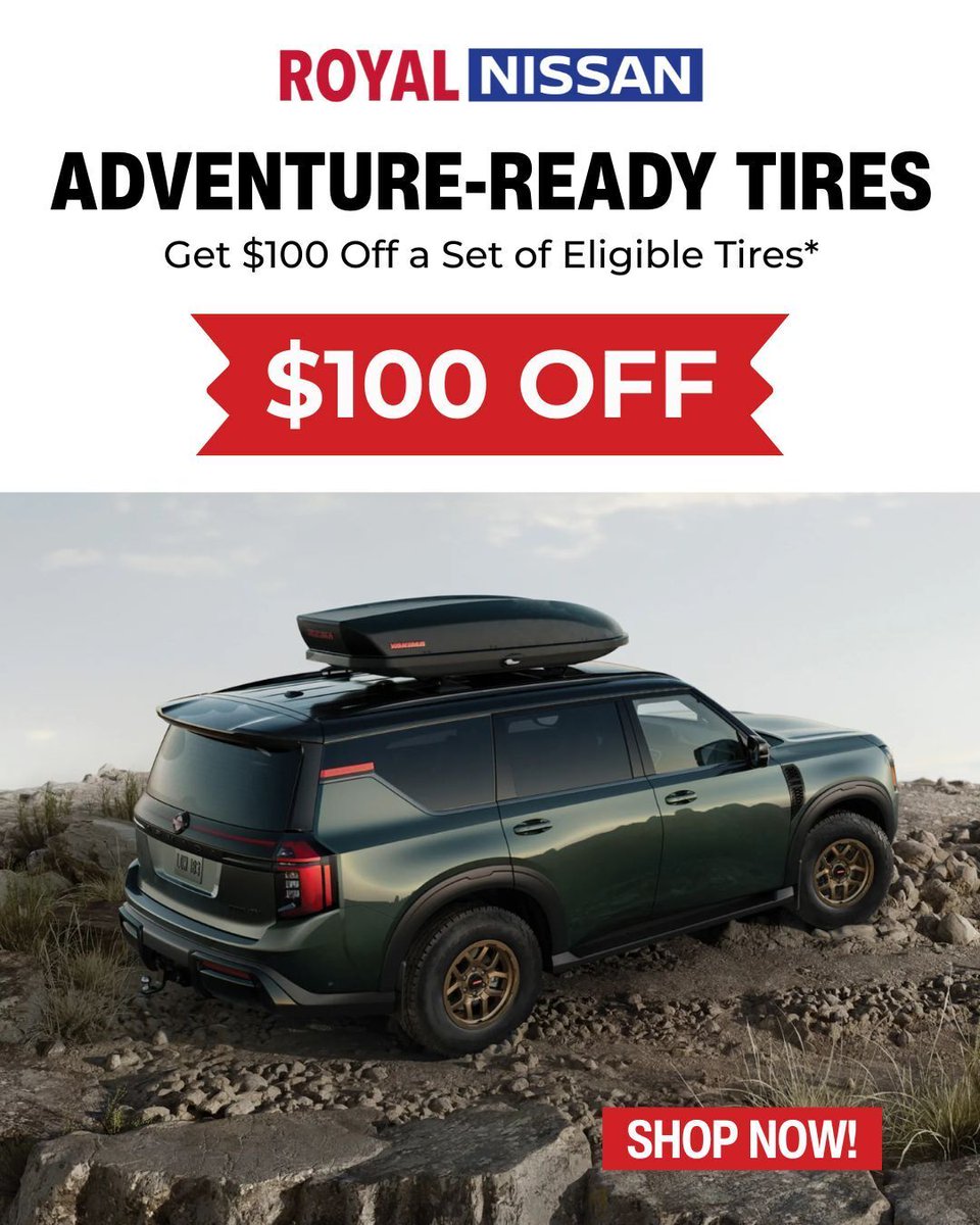 royalnissanbr's tweet image. Ready for your next trip? 🚗💨

Start with $100 OFF a set of eligible tires! 🛞

Keep your Nissan performing at its best. ✨

📅 Schedule your service today!

 🌐 RoyalNissan.com
📞(225) 924-0400
📍 9325 Airline Hwy, Baton Rouge, LA 70815 

#RoyalNissan #ServiceTime