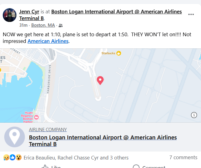 JanetMarieCyr's tweet photo. #AmericanAirlines #Boston #LoganAirport WTF is this?  First you cancel the flight from #Bangor then you do this?  #BoycottAmericanAirlines ! @Aclaimer40994 https://t.co/hvBiDpdgym