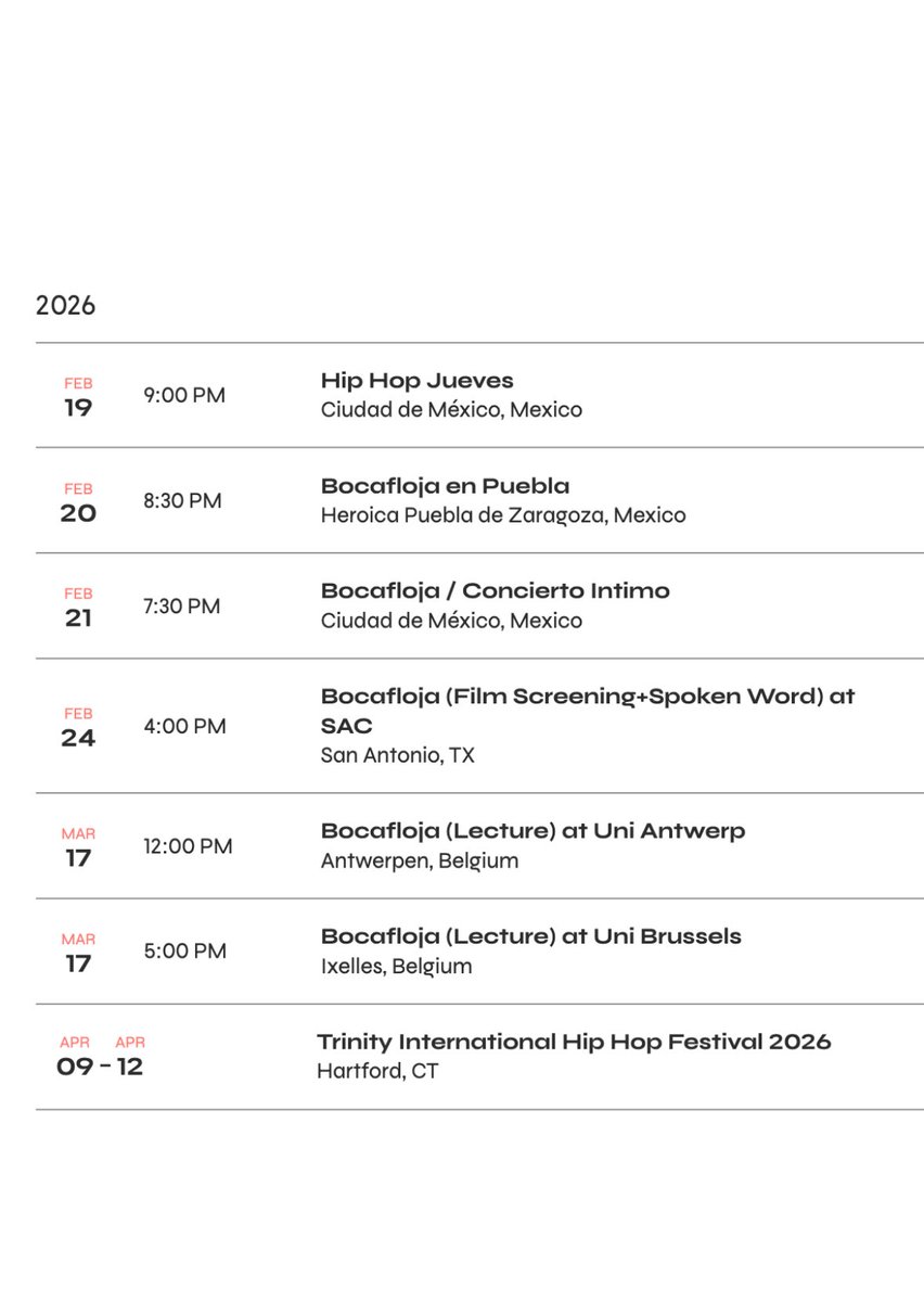 Próximas actividades que incluyen CDMX, Puebla, San Antonio TX, Belgium, Hartford CT &amp; + . #Bocafloja  Nos vemos pronto!  Booking:   Contact@sociedadcimarrona.com