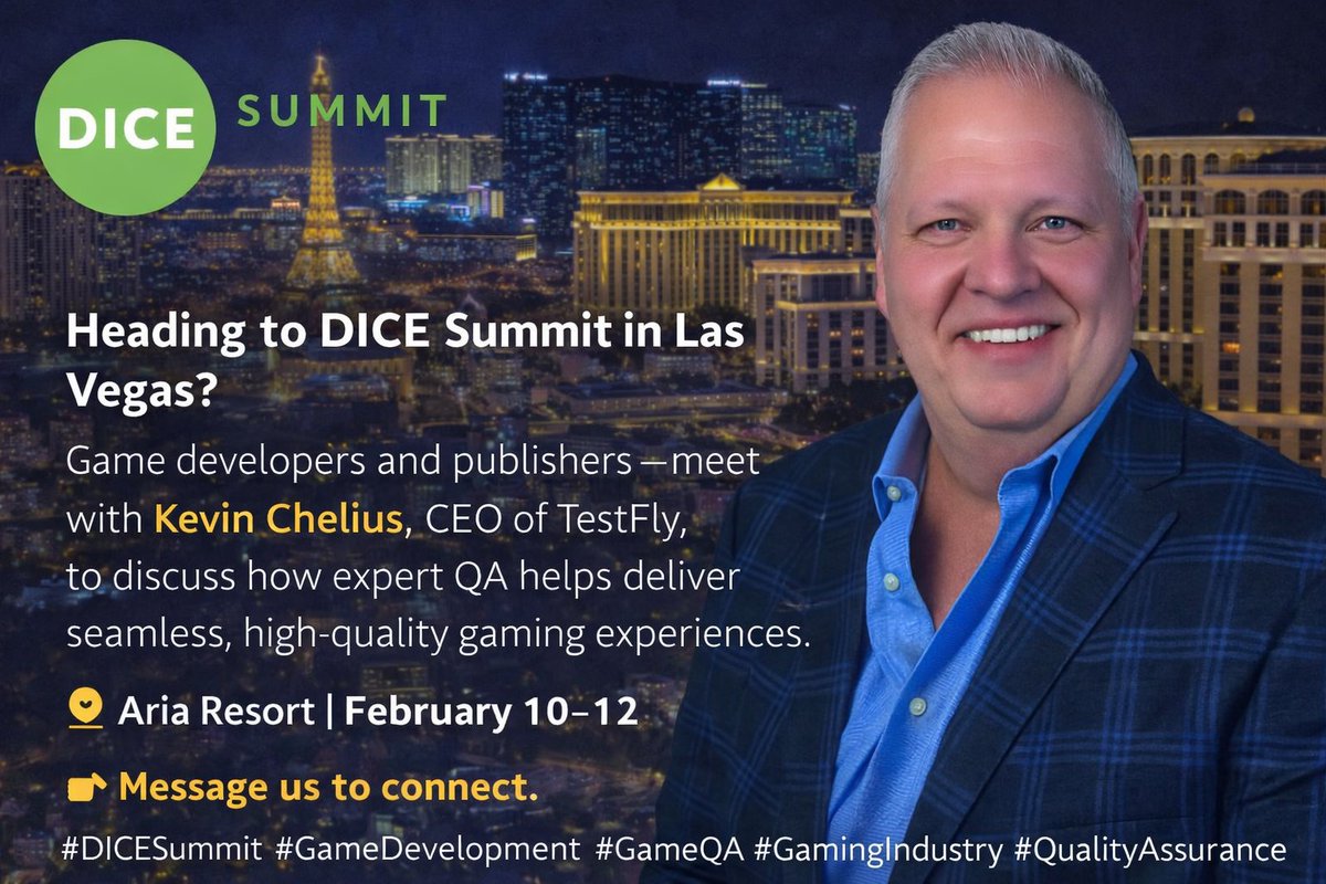 TestflyQA's tweet photo. Are you going to @DICESummit in Las Vegas?  If you have questions about gaming QA or want to swap insights, connect with @kevinchelius to set up a meeting. https://t.co/HAREjUleBT