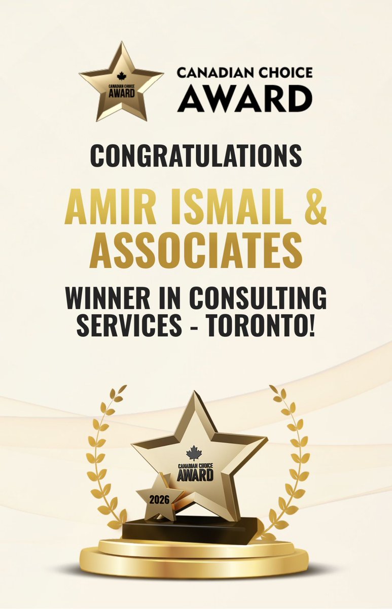 canadaimmigrate's tweet photo. Amir Ismail &amp; Associates = 2026 Canadian Choice Award Winner for Consulting Services in Toronto!

34 years | 25,000+ clients | Licensed RCIC 

Thank you for trusting us with your Canadian dreams. 🇨🇦

#CanadianImmigration #TorontoBusiness #RCIC #amirismail https://t.co/cxDfPQ7Guk