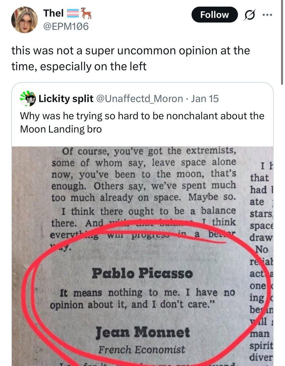 The problem with the moon landing was that everyone on the left wanted Russia to do it first, and they'd expected Russia to win the space race. 

So when it happened, Russia's headlines just said, "Mankind reaches moon" and leftists tried to downplay this single most amazing