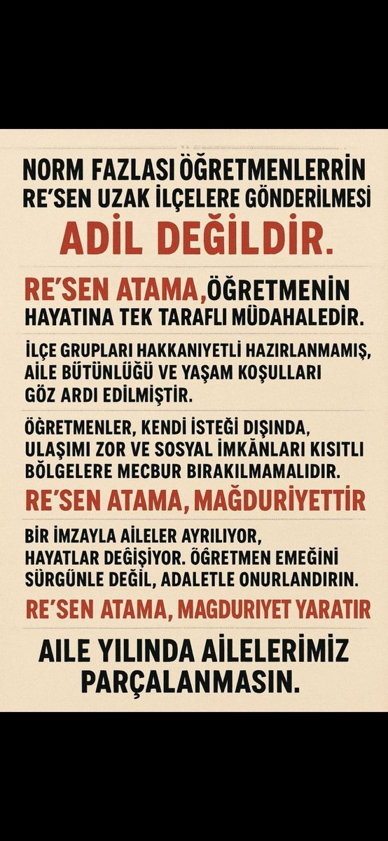 Aysegulburan9's tweet photo. #ResenAtama ile 100 km uzaklıktaki bir okula atandım. Tek suçum puanımın düşük olması, sıralamada sonuncu olmam! Aile birliğim,eş durumum, bakıma muhtaç çocuğum hiç dikkate alınmadan sırf aynı ilçe grubunda diye il merkezinden 100 km uzaklıktaki ilçeye atamak... @tcmeb https://t.co/wUnC3Nep1T