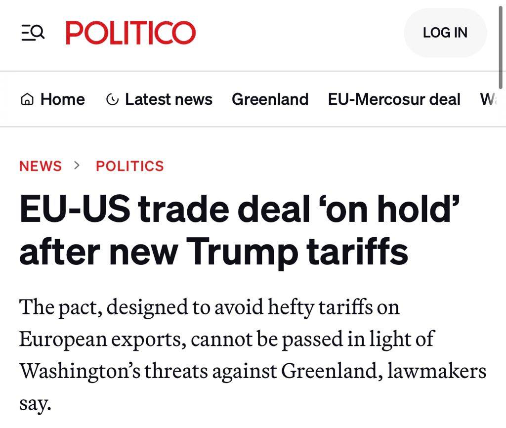 EU、トランプのグリーンランド関税をめぐり米国との貿易協定を凍結へ