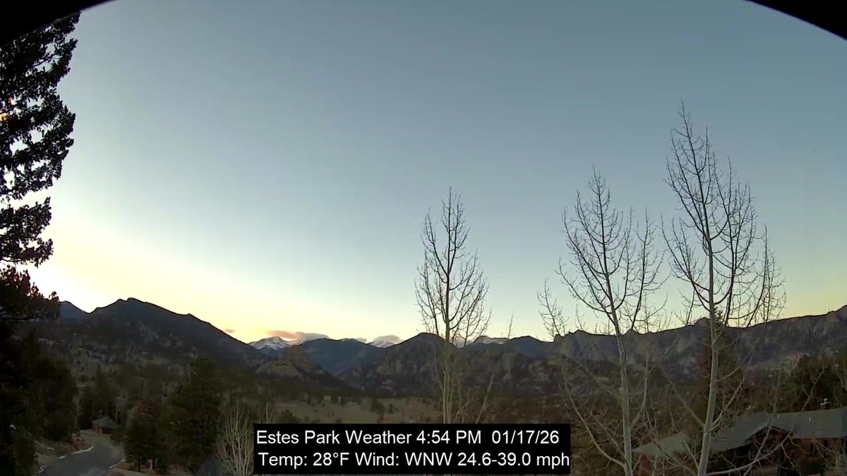 EstesWeather's tweet image. Estes Park, CO weather: partly cloudy | 28F | humidity 40 | wind NW 23.1 -&amp;gt; 41.3 | Today: 17F/32F Rain 0.00 |  January 17, 2026 at 05:00PM #cowx