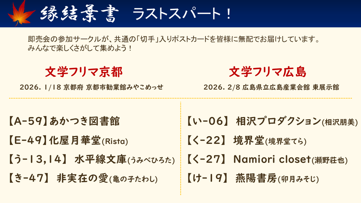 今日は #文学フリマ京都10  でございますね
#縁結葉書 に参加して下さっているサークルさんが複数いらっしゃるので、遊びに行く方はハガキも集めてみて下さいね！

え？ 主催ですか？ 文学フリマ広島の準備中に、膝に鹿の角を受けて転げまわっていました。おばかである。
おはようございます