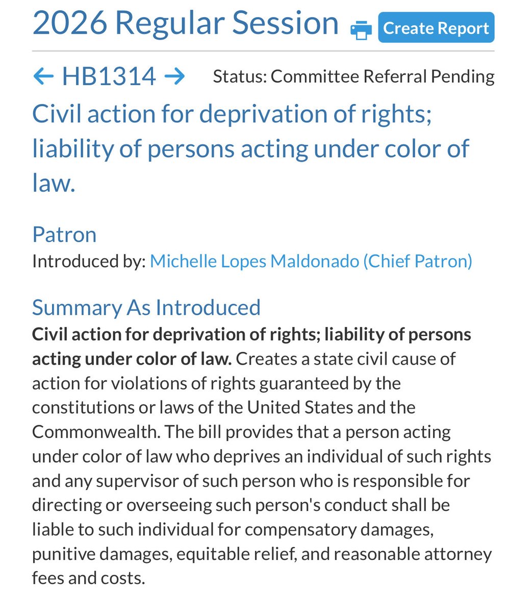 Here’s the ending of qualified immunity bill in Virginia for police. HB 1314 is effectively the end of qualified immunity in Virginia state court.

If this passes, police officers and other government officials can be personally sued for constitutional claims without the