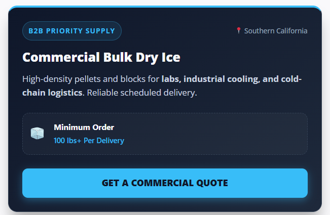 SoCal_Dry_Ice's tweet photo. If you’re calling 5 suppliers just to find dry ice availability, you’re doing it wrong.

We route commercial dry ice inquiries to verified SoCal suppliers — fast.

👉 https://t.co/oh9A1FKpyB https://t.co/XQDXo8eGuV