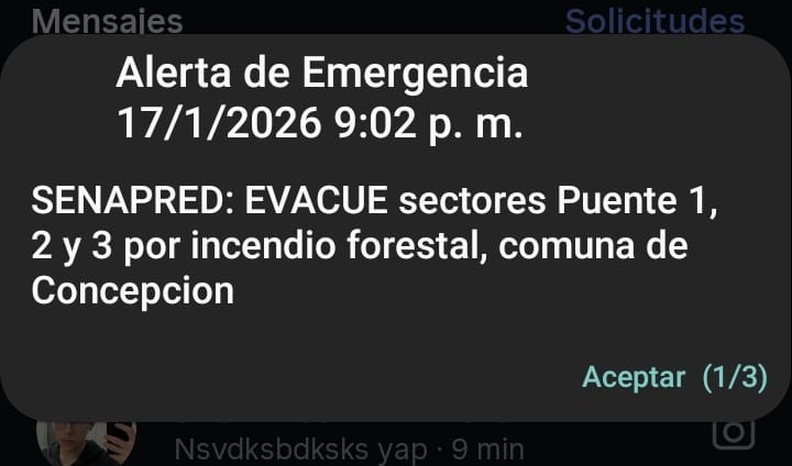 #URGENTE 🔴 #CHILE Por incendio forestal SENAPRED solicita evacuar sectores Puente 1, Puente 2 y Puente 3, en la comuna de Concepción, Región del Biobío. #SENAPRED activó mensajería SAE.    

 Durante la evacuación, no olvides considerar a tu mascota y sus necesidades.