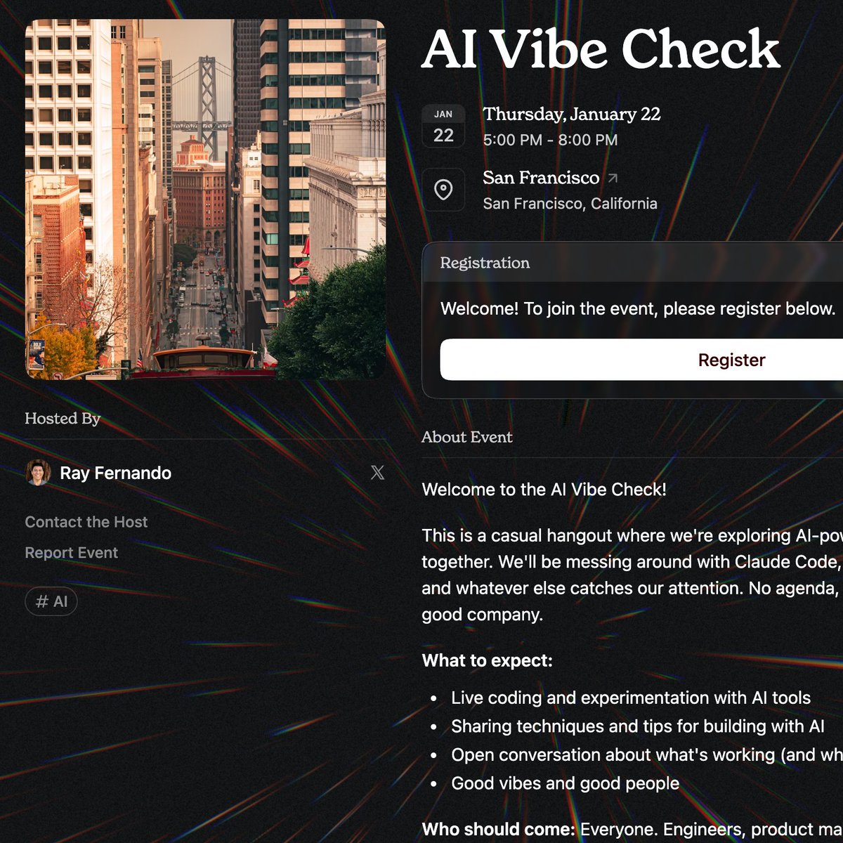 RayFernando1337's tweet image. I threw away all my CLAUDE rules and started from scratch. The models got smarter but I didn't.
Bring your questions and your broken prompts. This Thursday in SF, .@rileybrown and I are hosting AI Vibe Check.
Details below.