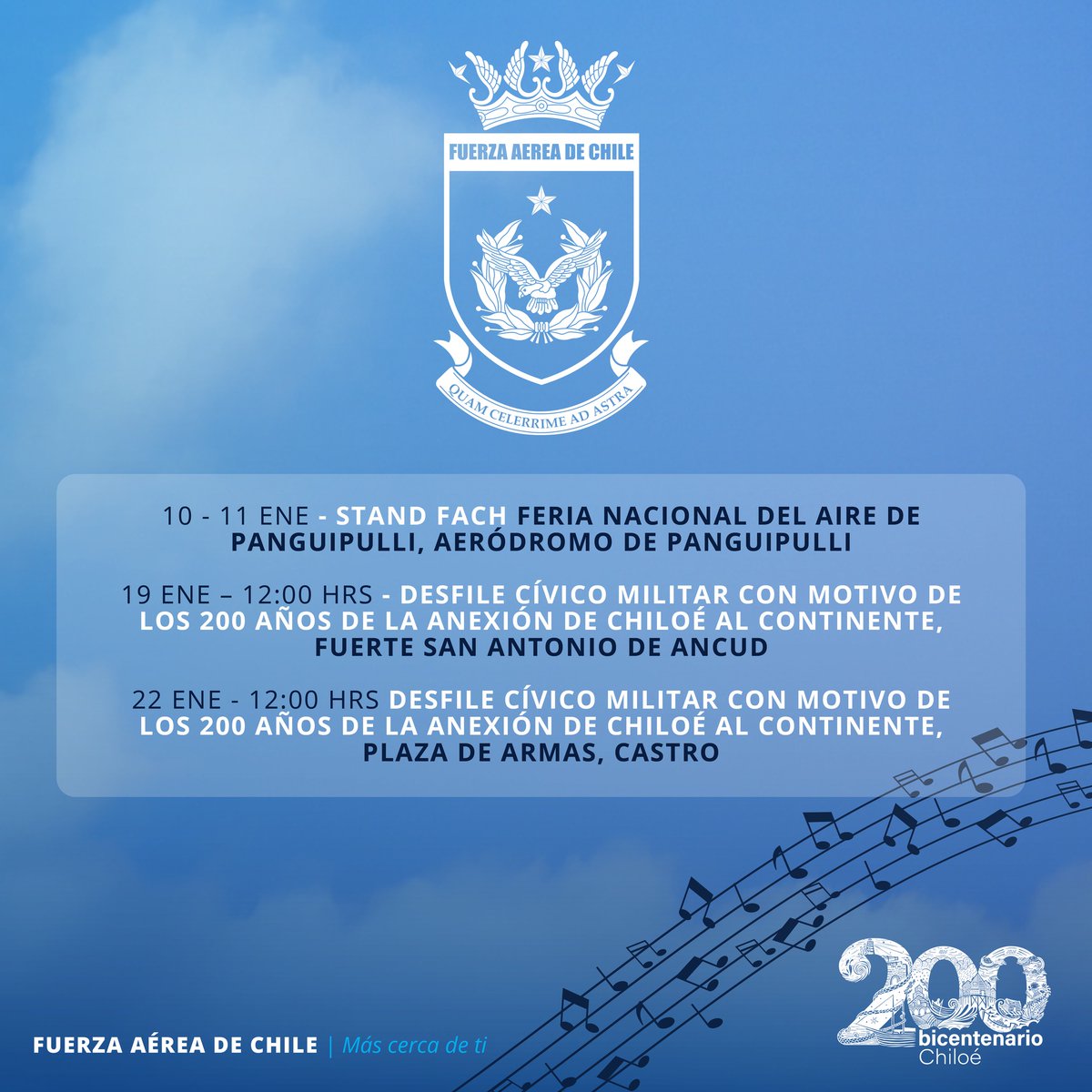 ¡Nos vemos en #Chiloé!

Acompáñanos en el Desfile Cívico Militar con motivo de los 200 años de la anexión de Chiloé al continente.

📍 Fuerte San Antonio, #Ancud. 
📅 Lunes 19 de enero. 
🕛 12:00 hrs.

¡Te esperamos! #FACH #MASCercaDeTi 🇨🇱