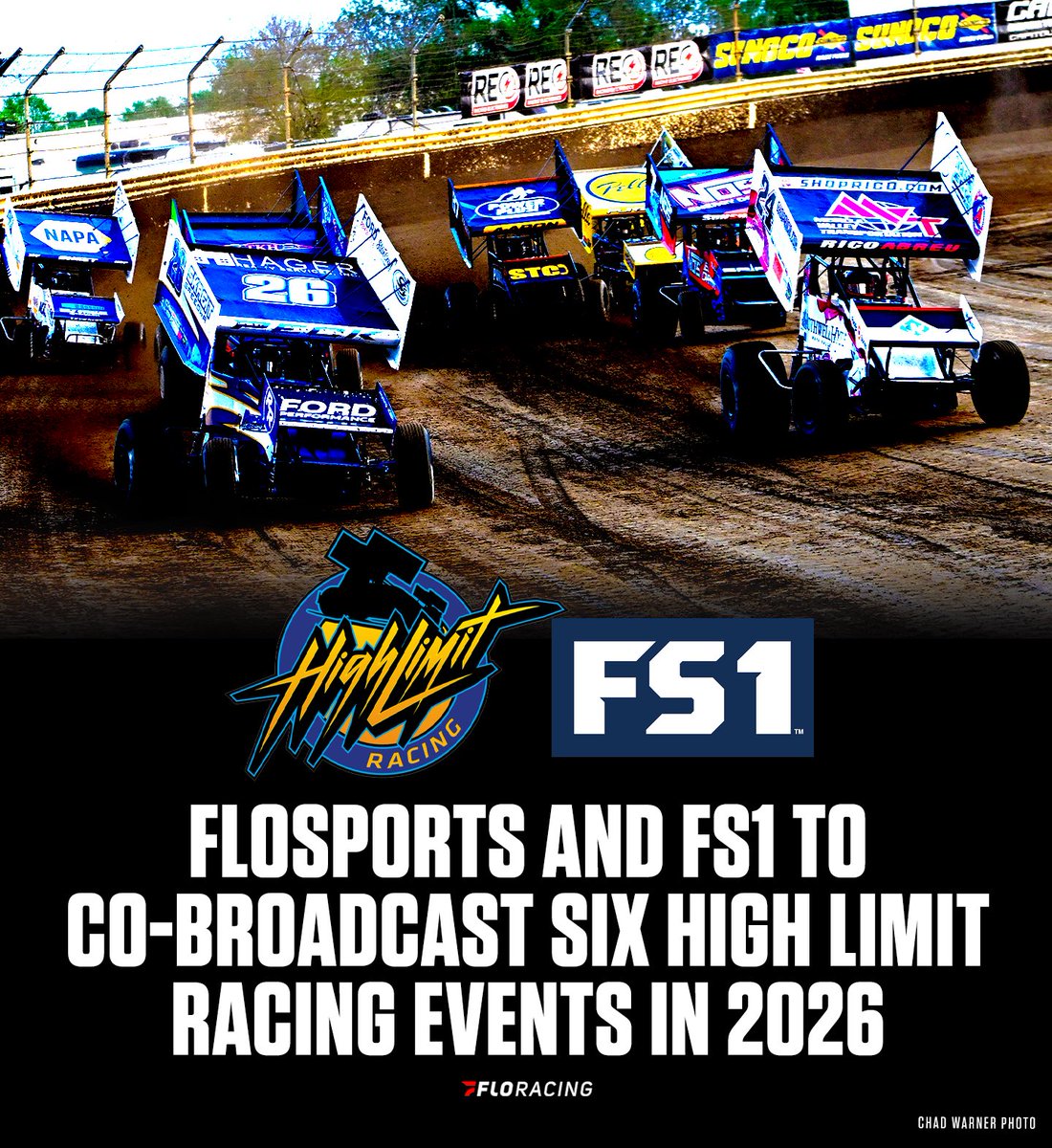 @floracing 🤝 <a href="/FS1/">FS1</a>

FloSports and FS1 reunite to co-broadcast six High Limit Racing events live in 2026.

🏁 March 24 - Vado Speedway Park
🏁 April 21 - Eagle Raceway
🏁 May 19 - Grandview  Speedway
🏁 June 3 - Red Cedar Speedway
🏁 July 16 - Eldora Speedway
🏁 September 23 -