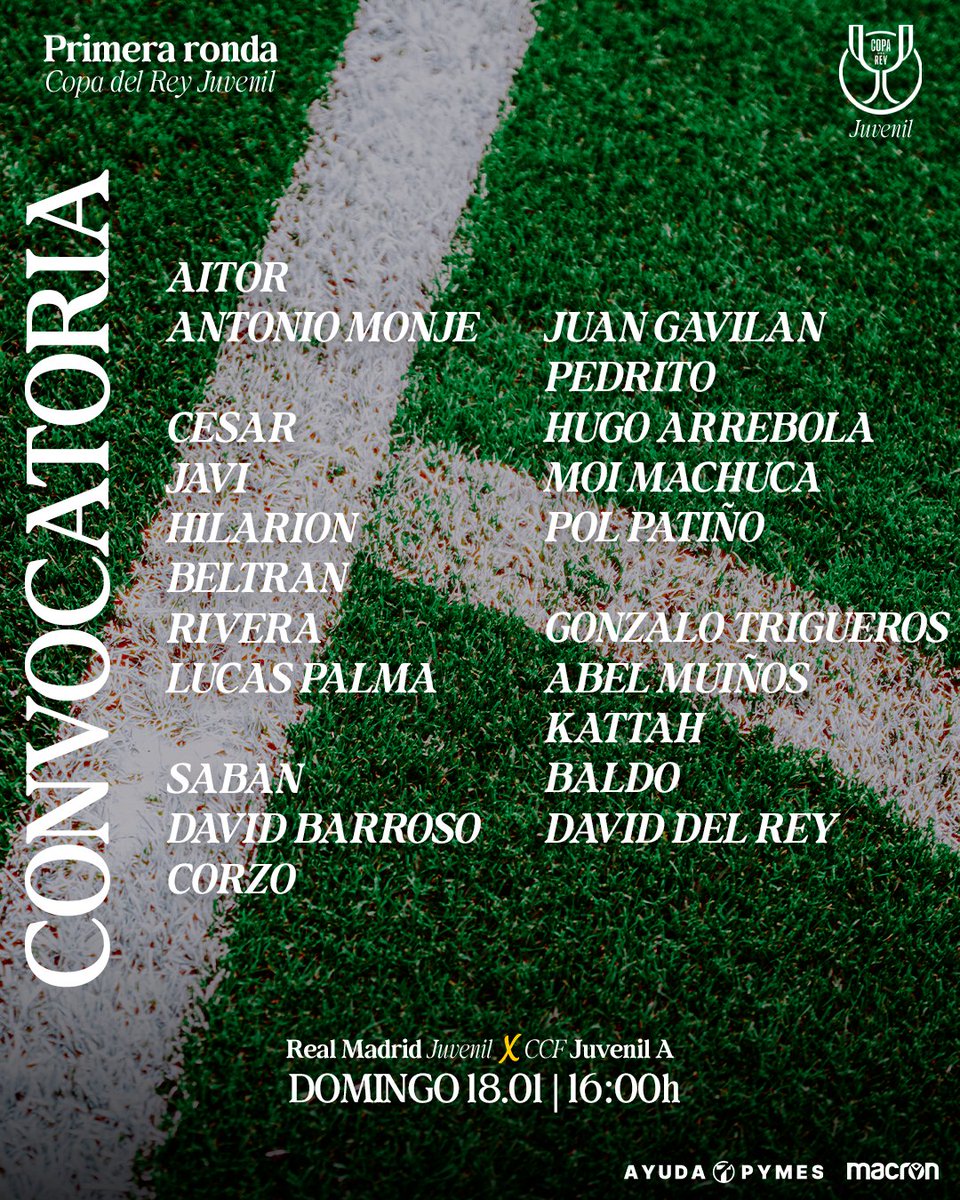📢𝑪𝑶𝑵𝑽𝑶𝑪𝑨𝑻𝑶𝑹𝑰𝑨 

👉Estos son los 21 jugadores elegidos por el cuerpo técnico para enfrentarnos esta tarde a <a href="/lafabricacrm/">Cantera Real Madrid</a> 

#RealMadridJuvenilA #CopaDelReyJuvenil