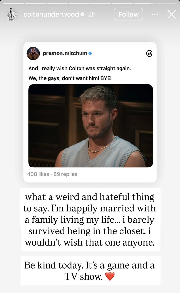 PrestonMitchum's tweet image. It’s not lost on me that out of ALL the negative comments about Colton, he picked mine to elevate on threads and IG 
He’s a professional victim who wants people to ignore his past. And using his sexuality to evade accountability about Cassie. #TheTraitorsUS #TheTraitors