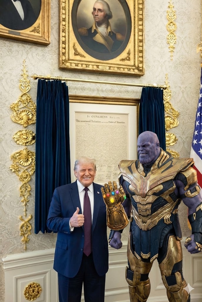 DefraudStreet's tweet image. President Donald J. Trump with Thanos in the Oval Office, during which Mr. Thanos presented the President with the Infinity Gauntlet in recognition of the President's extraordinary effort to collect all those lands in the North and South to rule them all ♾