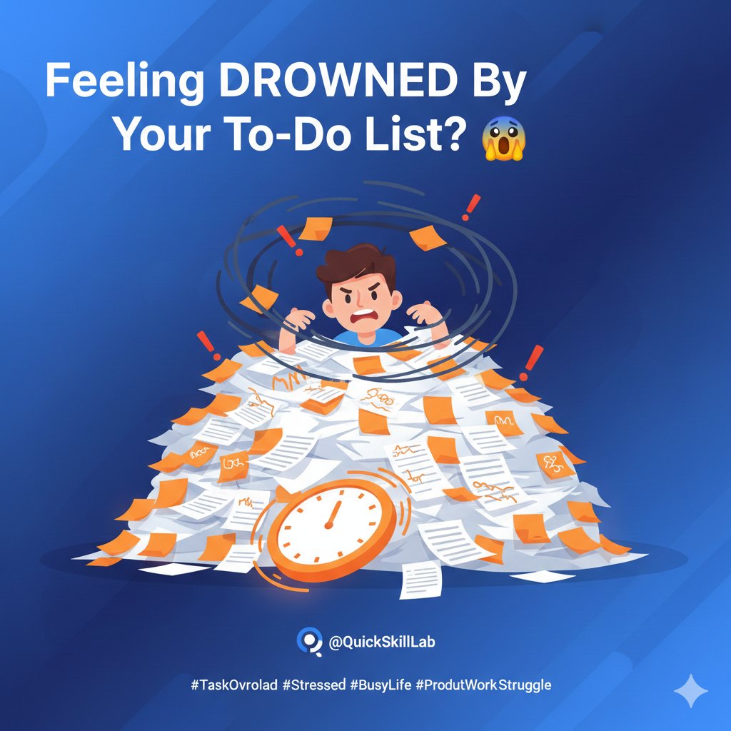 QuickSkillLab's tweet image. Feeling DROWNED by your to-do list? 
😱 You're working 8+ hours but only getting 2 hours of real progress. 
Shallow work (pings, tabs, chaos) is stealing your day. Escape it with our 3-step Flow State Method to reclaim 4+ hours of focus. 🧵👇 
#Productivity #TaskOverload