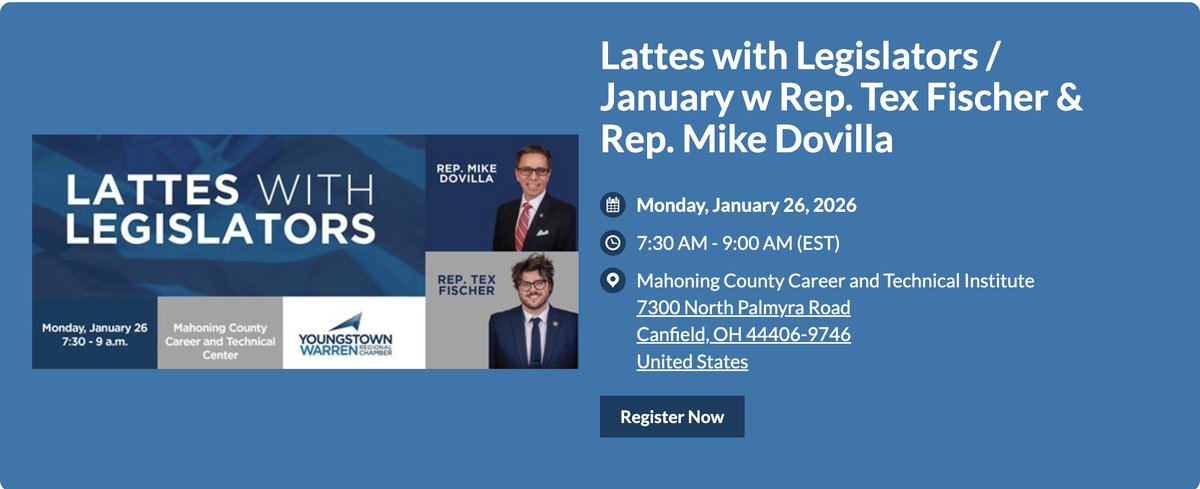 I appreciate the invitation of the Youngstown Warren Regional Chamber to join Rep. <a href="/texfischer/">Tex Fischer</a> for Lattes with Legislators at <a href="/MCCTCADULTCC/">MCCTCADULTCAREERCTR</a>. Looking forward to discussing our legislation to reform Ohio energy policy for economic development &amp; job creation. hq.regionalchamber.com/events/lattes-…