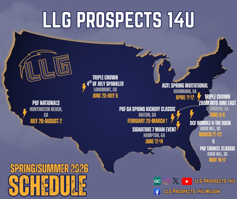 ⚡️Be on the lookout for lightning strikes in your area 👀! This season, we're traveling from coast to coast with an incredibly talented group who are ready to show up and show out. 

Follow along with the action on Gamechanger and YouTube <a href="/LLGProspects14U/">LLG Prospects 14U</a>.

<a href="/Org_LLG/">Lady Lightning Gold Org Account</a>
#ILEAP