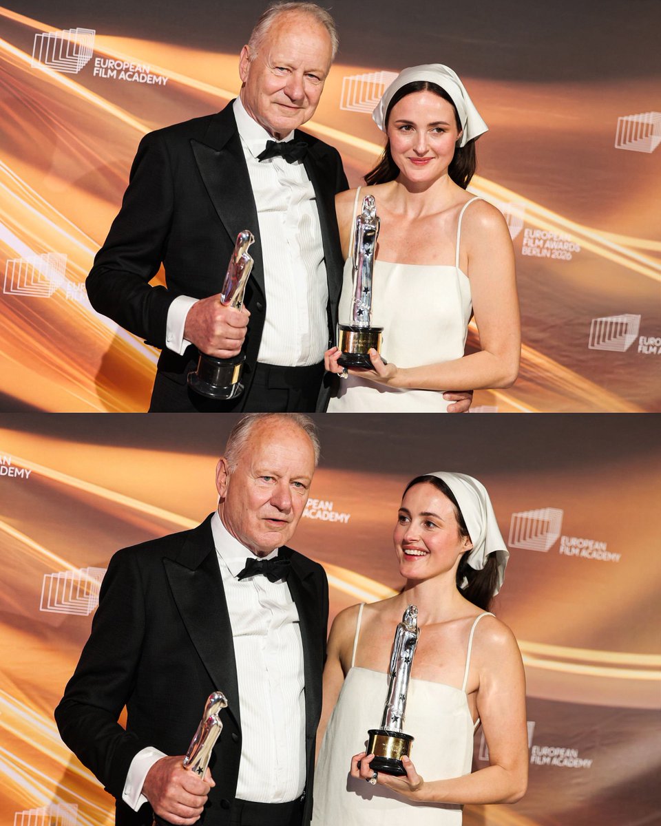Stellan Skarsgård and Renate Reinsve pose after winning the European Actor and Actress Award at the 38th European Film Awards. 📷