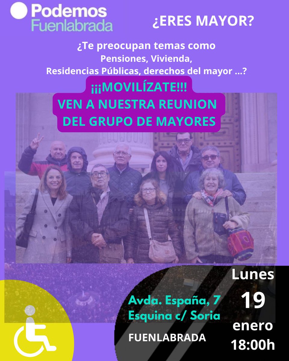 ¿Eres mayor?. ¿Te interesan aspectos como pensiones, sanidad, vivienda, residencias, ...?. ¿participar de las luchas sociales?. Podemos es tu lugar ... ¡¡¡MOVILÍZATE!!! y vente a la reunión constitutiva del grupo de mayores de <a href="/PodemosFuenla/">Podemos Fuenlabrada 🔻</a>. Que no decidan por tí, ¡exprésate!.