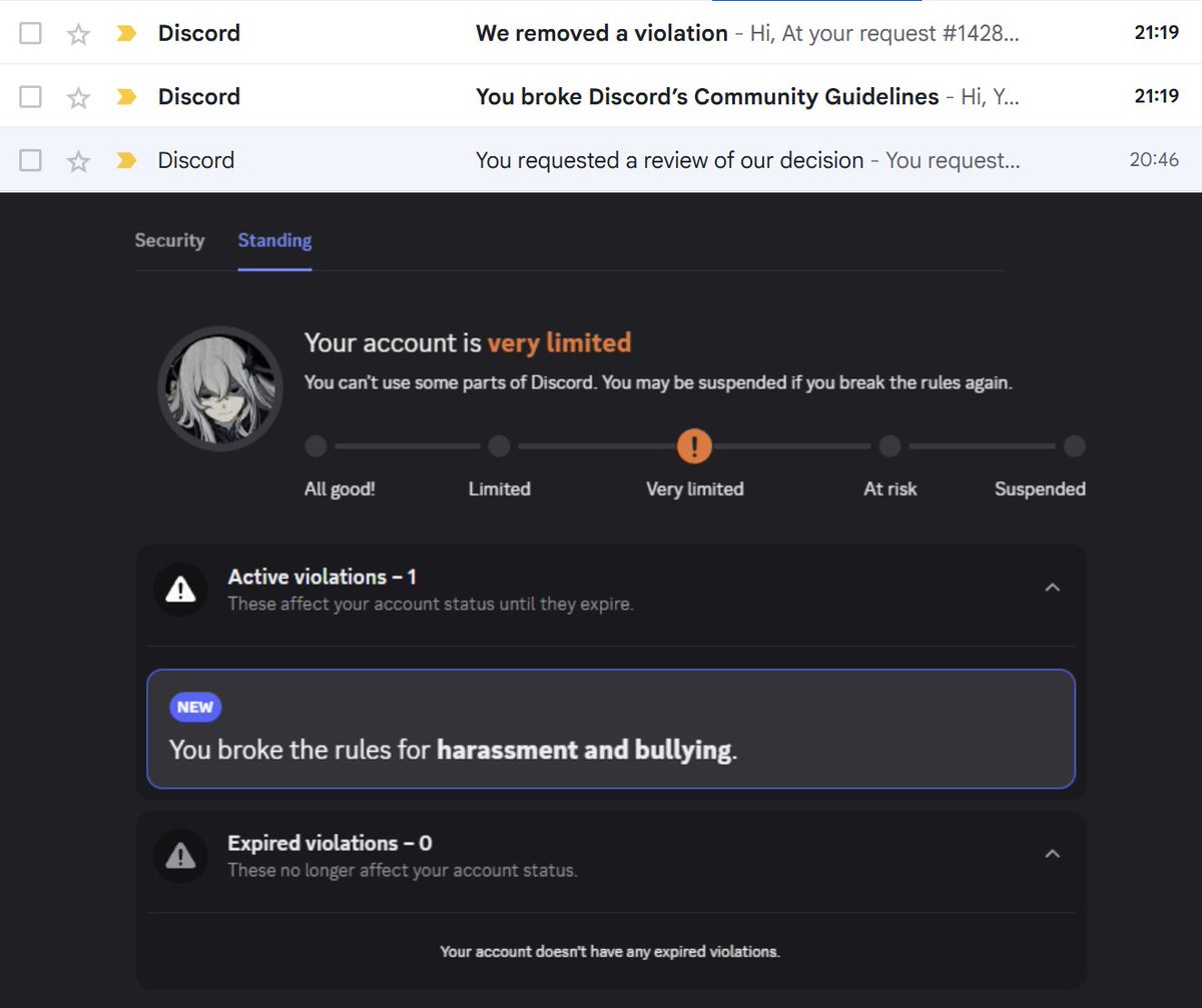 Discord thought it would be funny to ban me with a second account restriction for thesame message that I previously appealed and which they confirmed didn't violate ToS.

I'm starting to understand why users are losing trust in this platform. May <a href="/discord_support/">Discord Support</a> explain this?