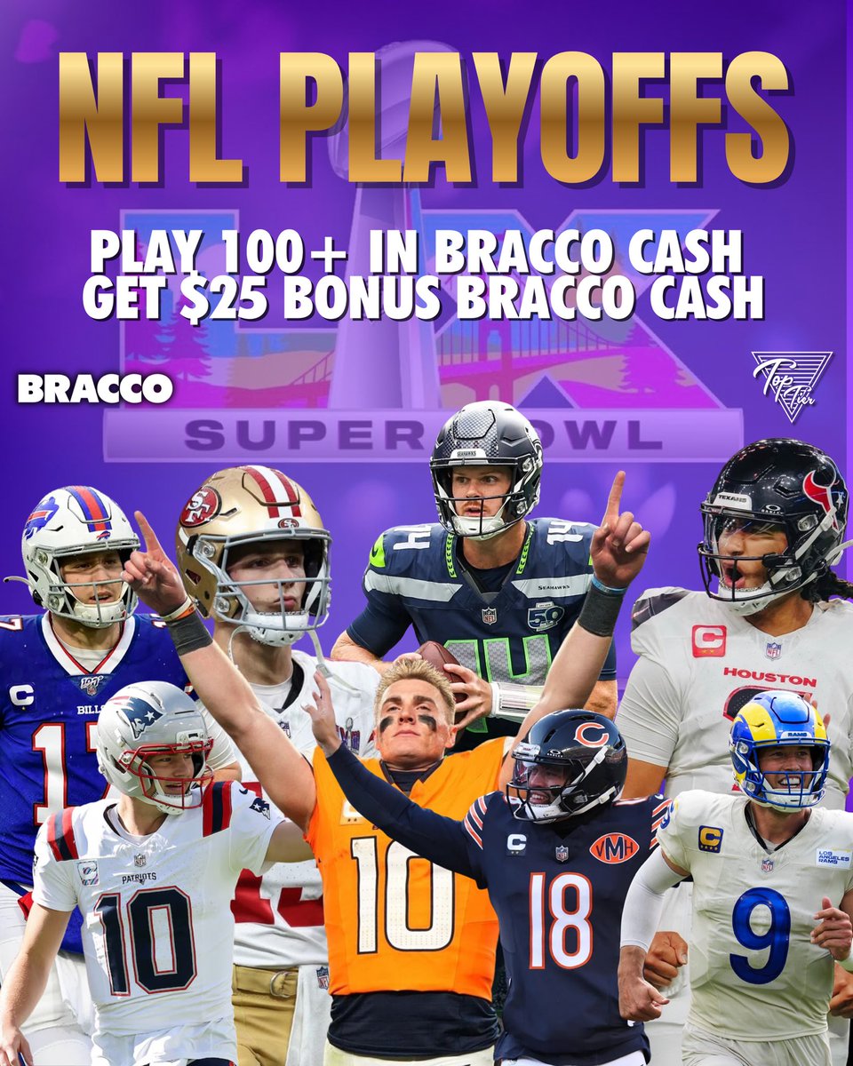 TopTierState's tweet image. NFL PLAYOFFS 

Play 100+ across the 4 NFL games this weekend &amp;amp; get 25 Bonus Cash

New Bracco players receive:
💰100% Purchase Match
💰2,000 Welcome Package
app.playbracco.com/2p4K/xrnrxdqb