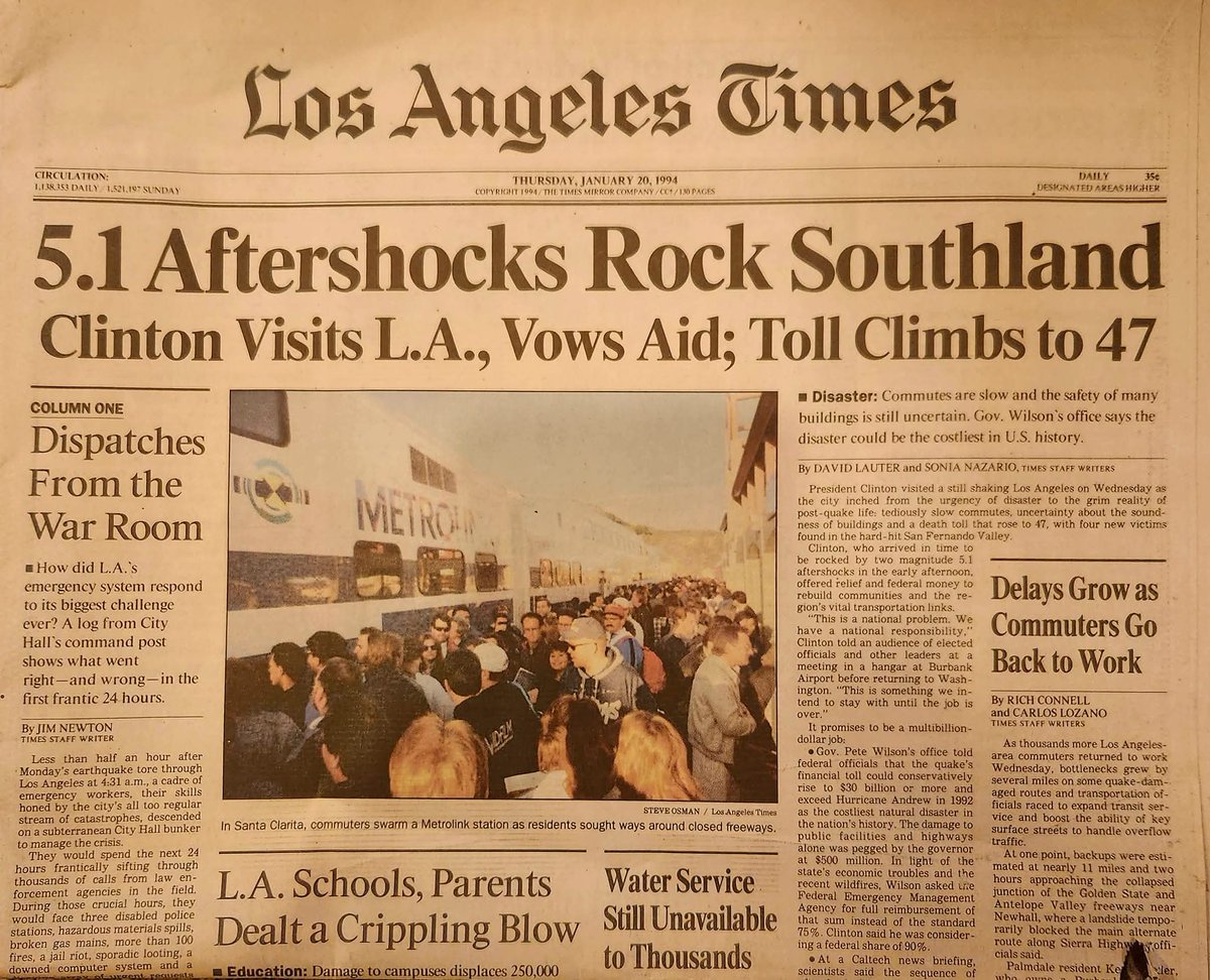 32 years ago today... the Northridge Earthquake.  Was living in Pasadena.  The damage at St. John's Hospital in Santa Monica led to the seismic requirements for hospitals which must be implemented by 2030. <a href="/latimes/">Los Angeles Times</a> 
#Earthquake #LosAngeles #1994