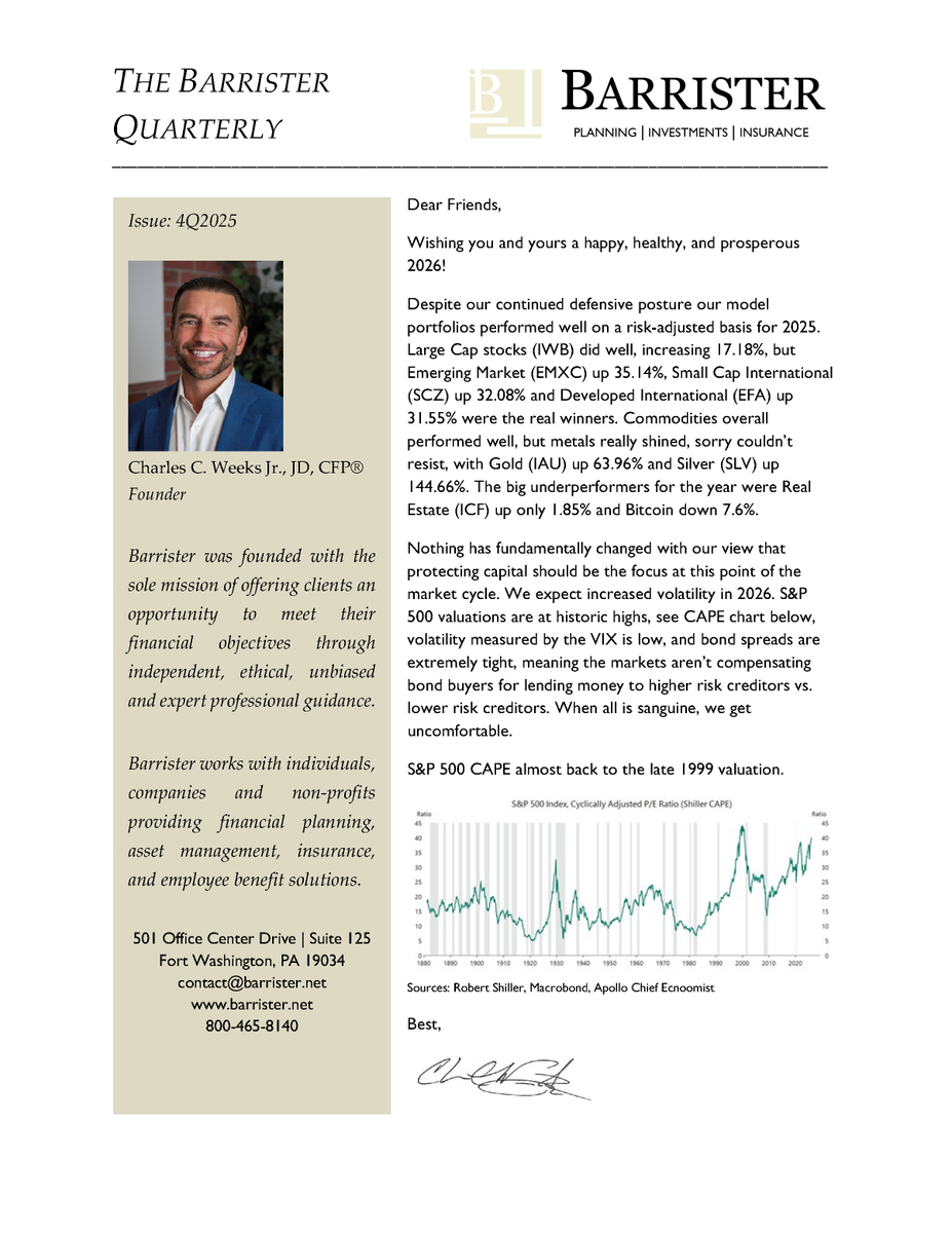 BarristerWealth's tweet photo. In the latest Barrister Quarterly, @BarristerWealth  Founder, @CharlesCWeeksJ1 , discusses 2025 markets and cybersecurity. https://t.co/vsooxSuQpV
