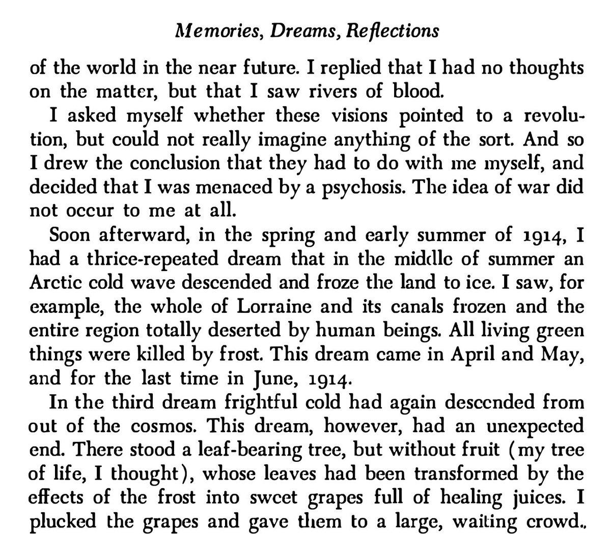 myechtra's tweet image. Jung had premonitory visions of WW1 just prior to its beginning. He saw a flood sweep across Europe, turning up rubble and thousands of corpses. The water became blood. An inner voice told him not to doubt his visions. Then Europe became an arctic wasteland deserted of life.