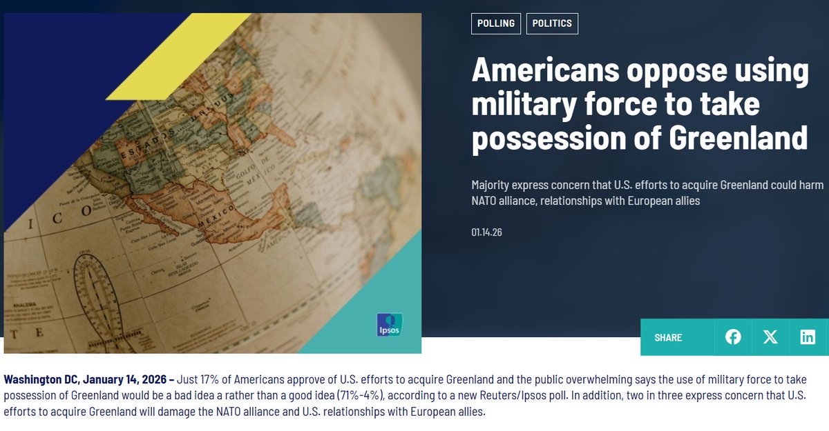 Read that summary at the bottom. Just 4% of Americans say using military force to seize Greenland is a good idea. Yet MAGA pundits here on X cheer it on as if it's the best, most strategic, most crucial action we could take. 

That should tell you something: they're full of it.