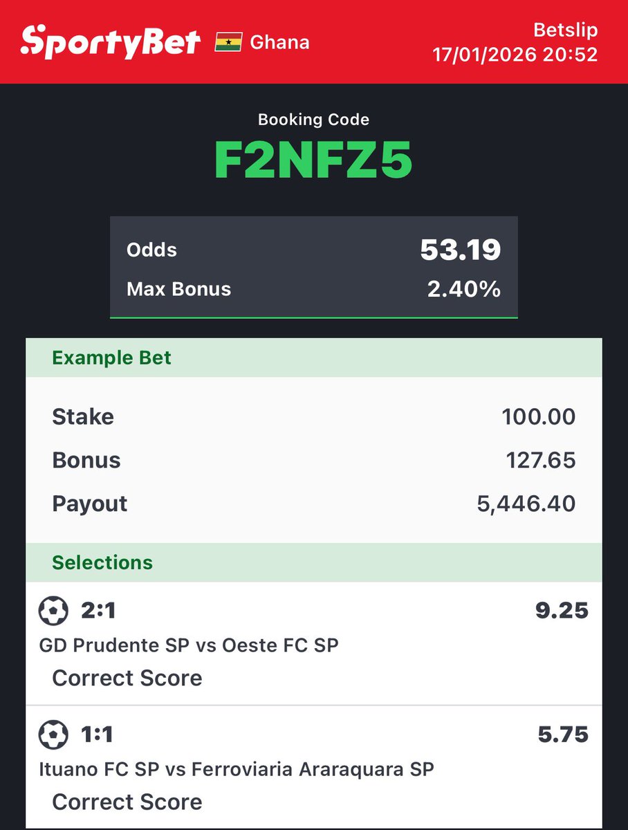 ceobesttips's tweet photo. ODDS: 53+πππ
2/2 CORRECT βοΈ SCORE βοΈβοΈ
FIRST SINGLES & COMBINE π§π½ββοΈπ§π½ββοΈπ§π½ββοΈ
πππππβοΈ
GOOD LUCK π
#sportybetGH #foryou #53Odds https://t.co/BSzI0NRo60