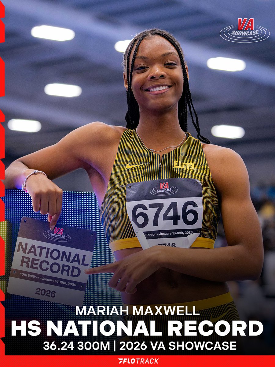 FloTrack's tweet photo. First 300m 🤝 National Record 🤯
Mariah Maxwell got it DONE this weekend. After running a 7.28 60m earlier in the day, Maxwell doubles back to set a NATIONAL RECORD in the 300m.
Have a day Mariah.
Watch the #VAShowcase LIVE on FloTrack
📸 @OOlamigoke https://t.co/SOc5wHQMQP
