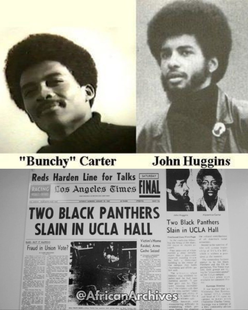 AfricanArchives's tweet image. On this day in 1969, John Huggins and Bunchy Carter were assassinated by the FBI's COINTELPRO while attending UCLA.

They founded the Southern California chapter of the Black Panthers.

At a Black Student Union meeting at UCLA's Campbell Hall on January 17, 1969, Bunchy Carter…