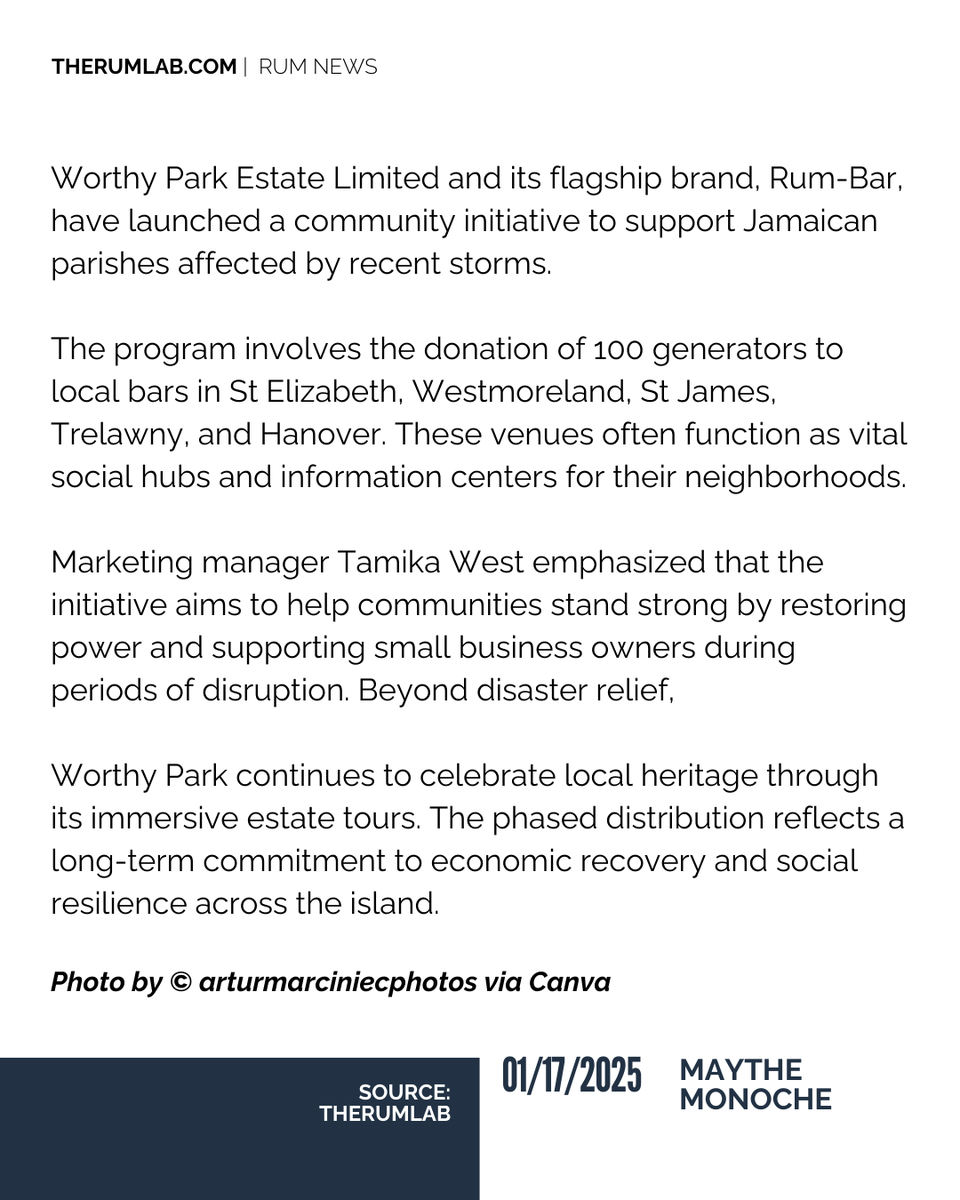 therumlab's tweet image. Rum-Bar is restoring more than just power. ⚡ Through the "Powered by Rum-Bar" initiative, 100 generators are being donated to local bars to support small businesses and community resilience in Jamaica.🥃

✅ Read more: therumlab.com/powered-by-rum…

 #RumNews #TheRumLab